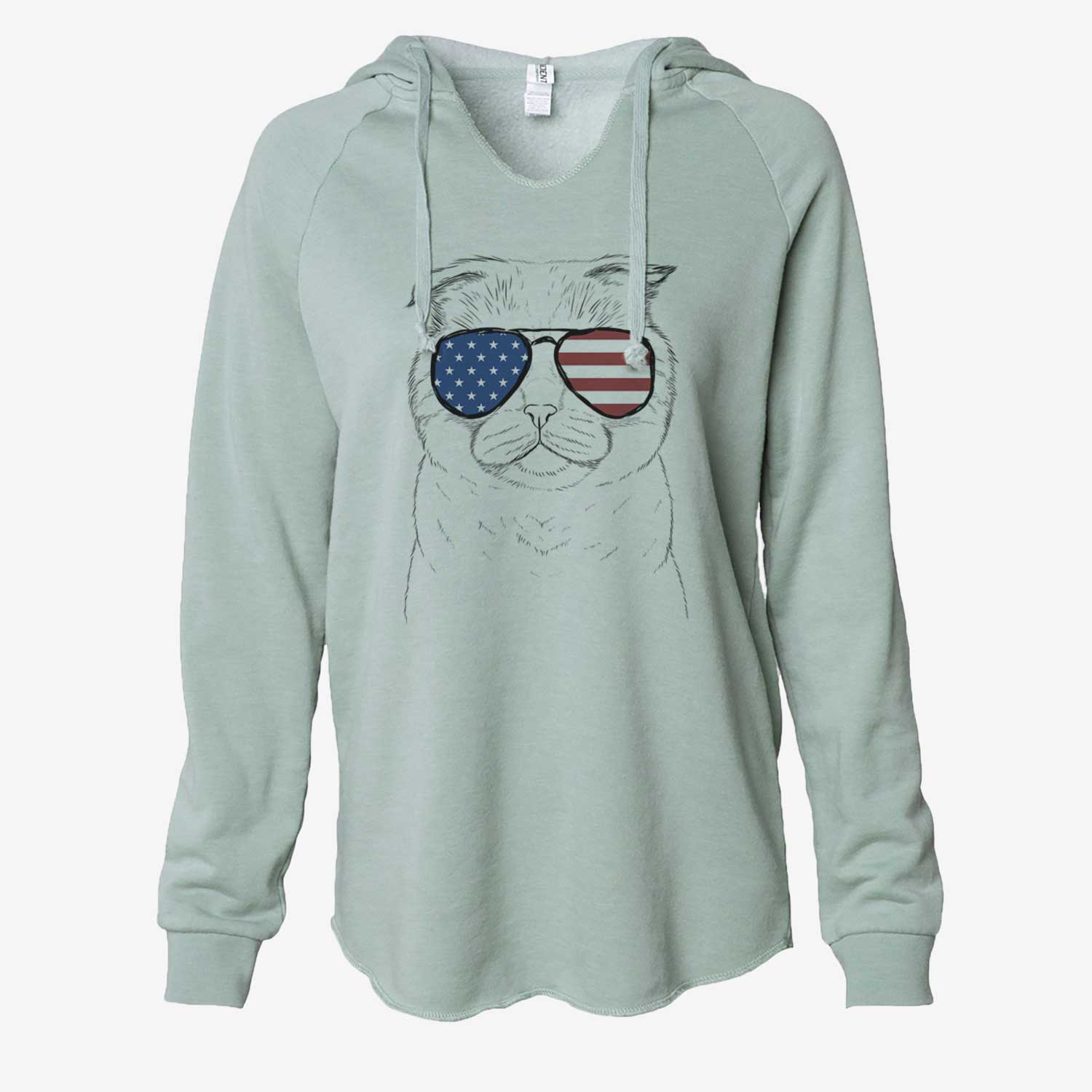 Hand-drawn sketch of Neko the Scottish Fold Cat wearing American flag sunglasses on a Sage Cali Wave Hooded Sweatshirt