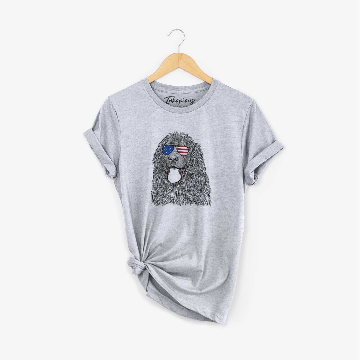 Hand-drawn sketch of Neptune the Newfoundland wearing American flag sunglasses on a Grey Unisex crewneck