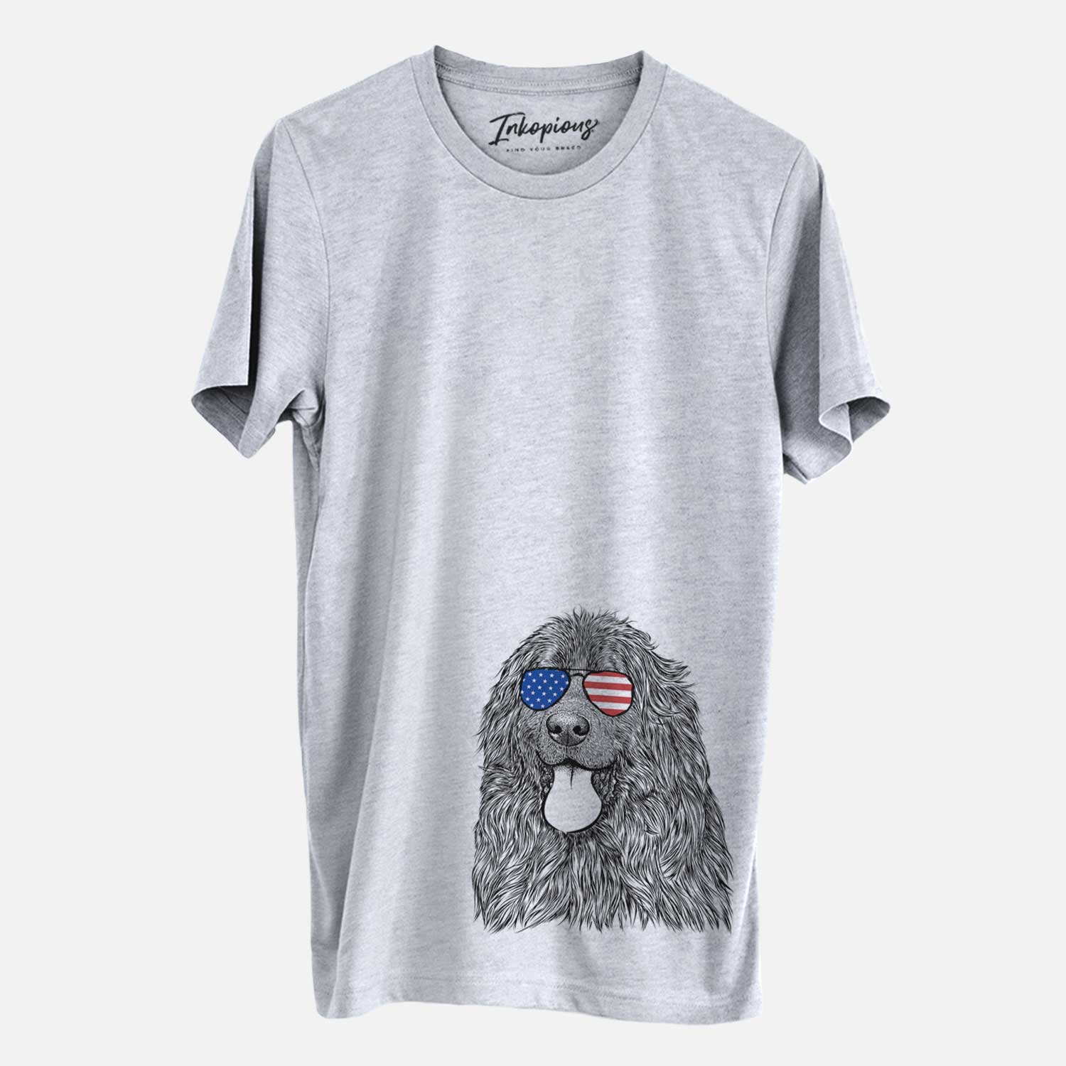 Hand-drawn sketch of Neptune the Newfoundland wearing American flag sunglasses on a Grey Unisex crewneck