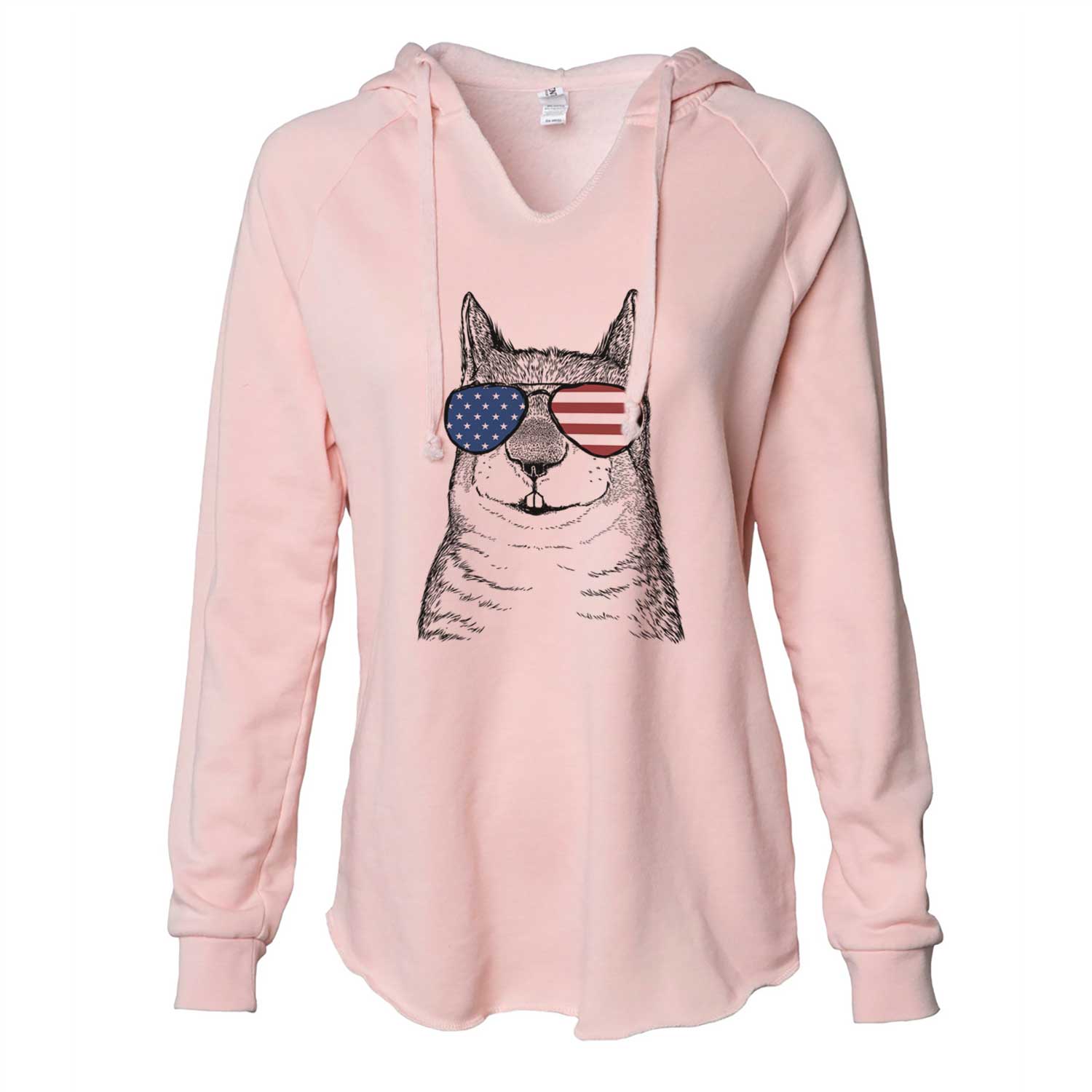 Hand-drawn sketch of Nibbles the Squirrel wearing American flag sunglasses on a Blush Cali Wave Hooded Sweatshirt