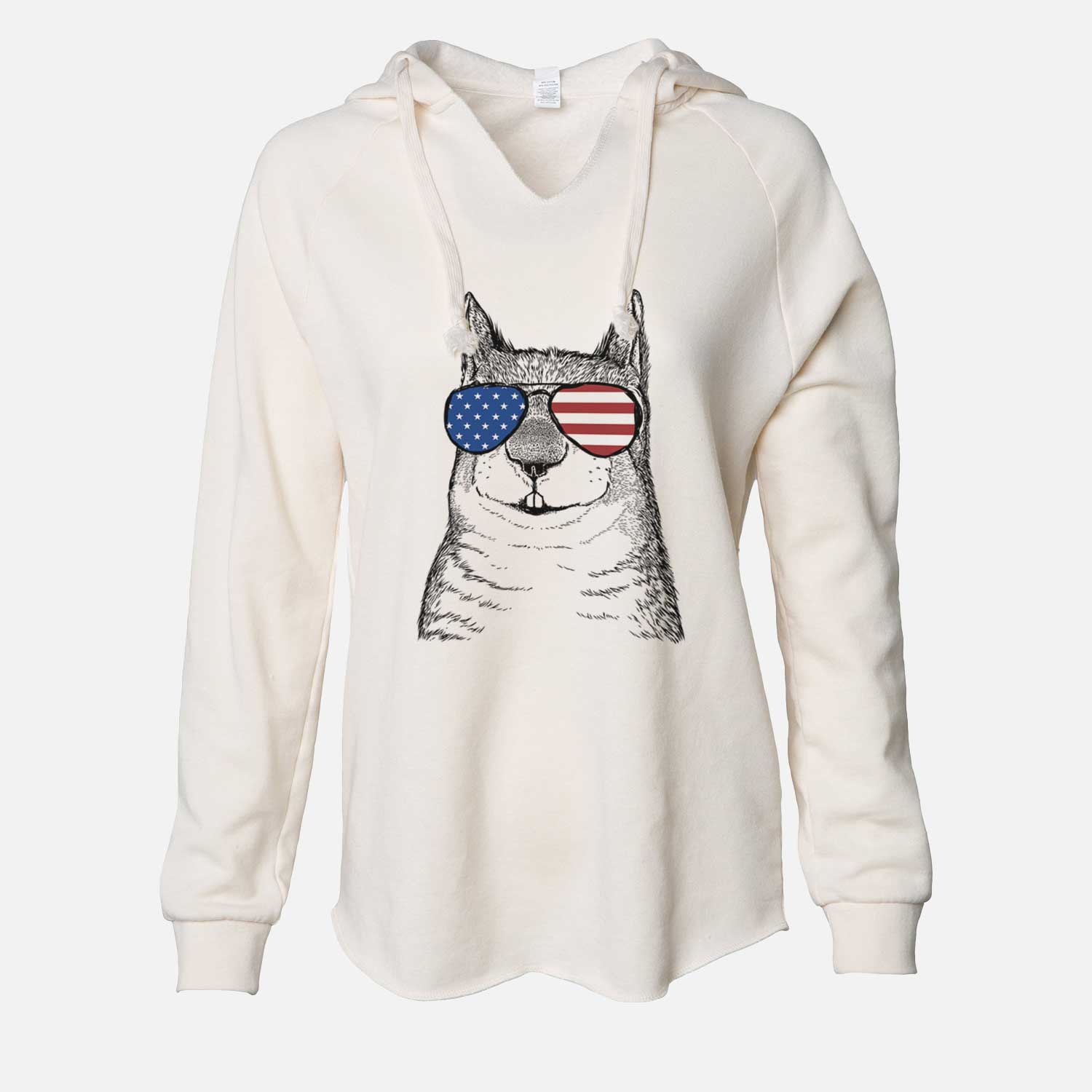 Hand-drawn sketch of Nibbles the Squirrel wearing American flag sunglasses on a Bone Cali Wave Hooded Sweatshirt