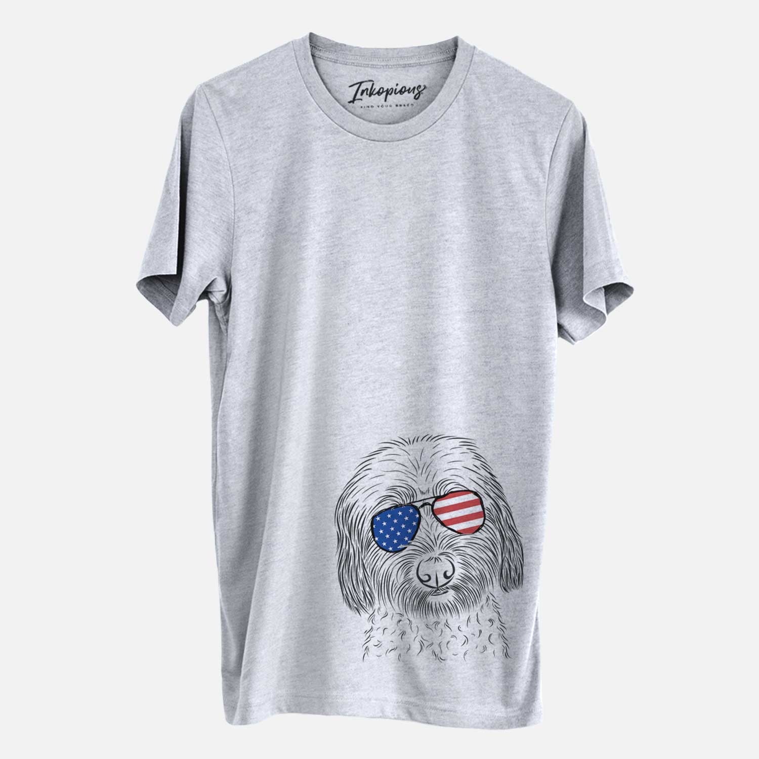 Hand-drawn sketch of Niles the Soft Coated Wheaten Terrier wearing American flag sunglasses on a Grey Unisex crewneck
