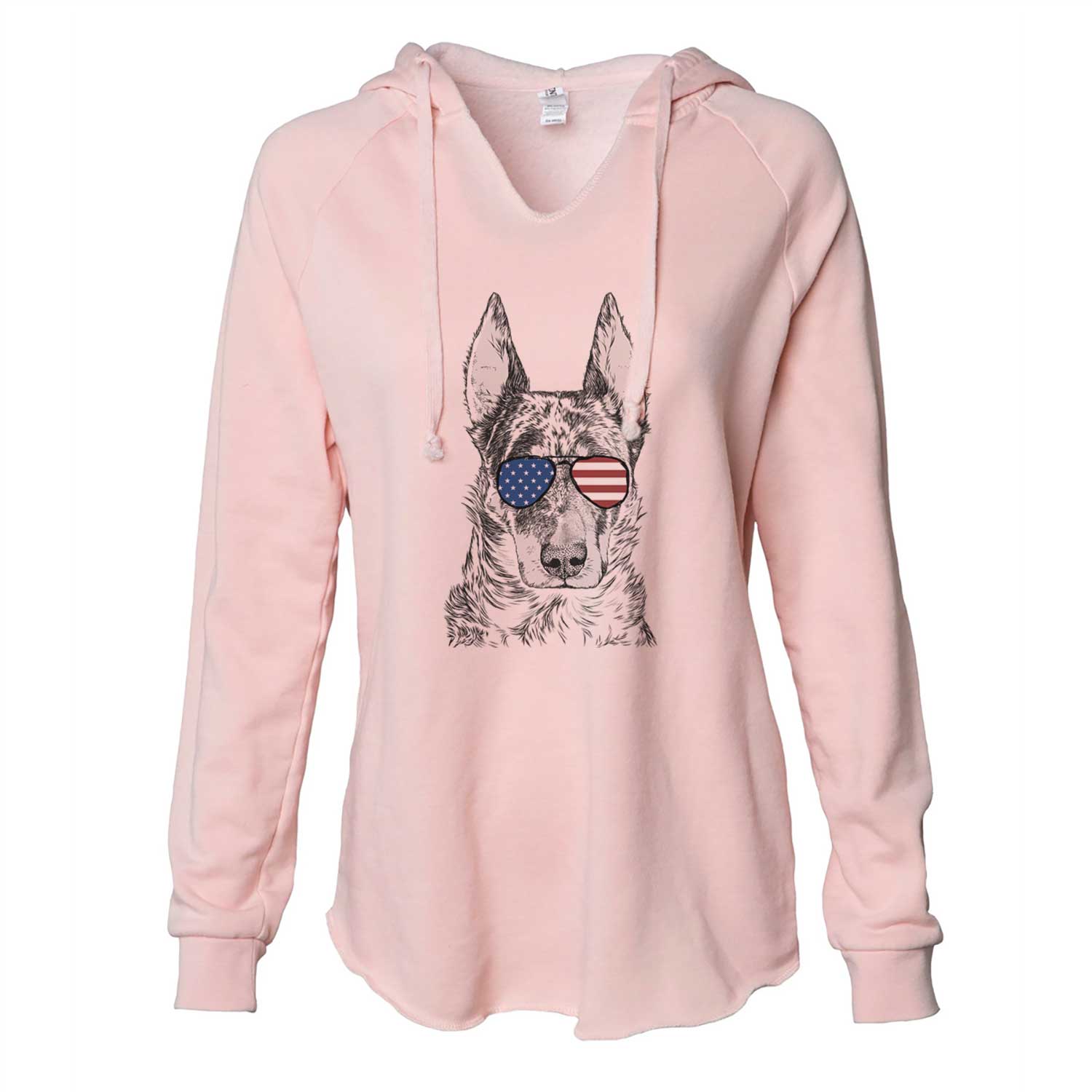 Hand-drawn sketch of Nori the Beauceron wearing American flag sunglasses on a Blush Cali Wave Hooded Sweatshirt