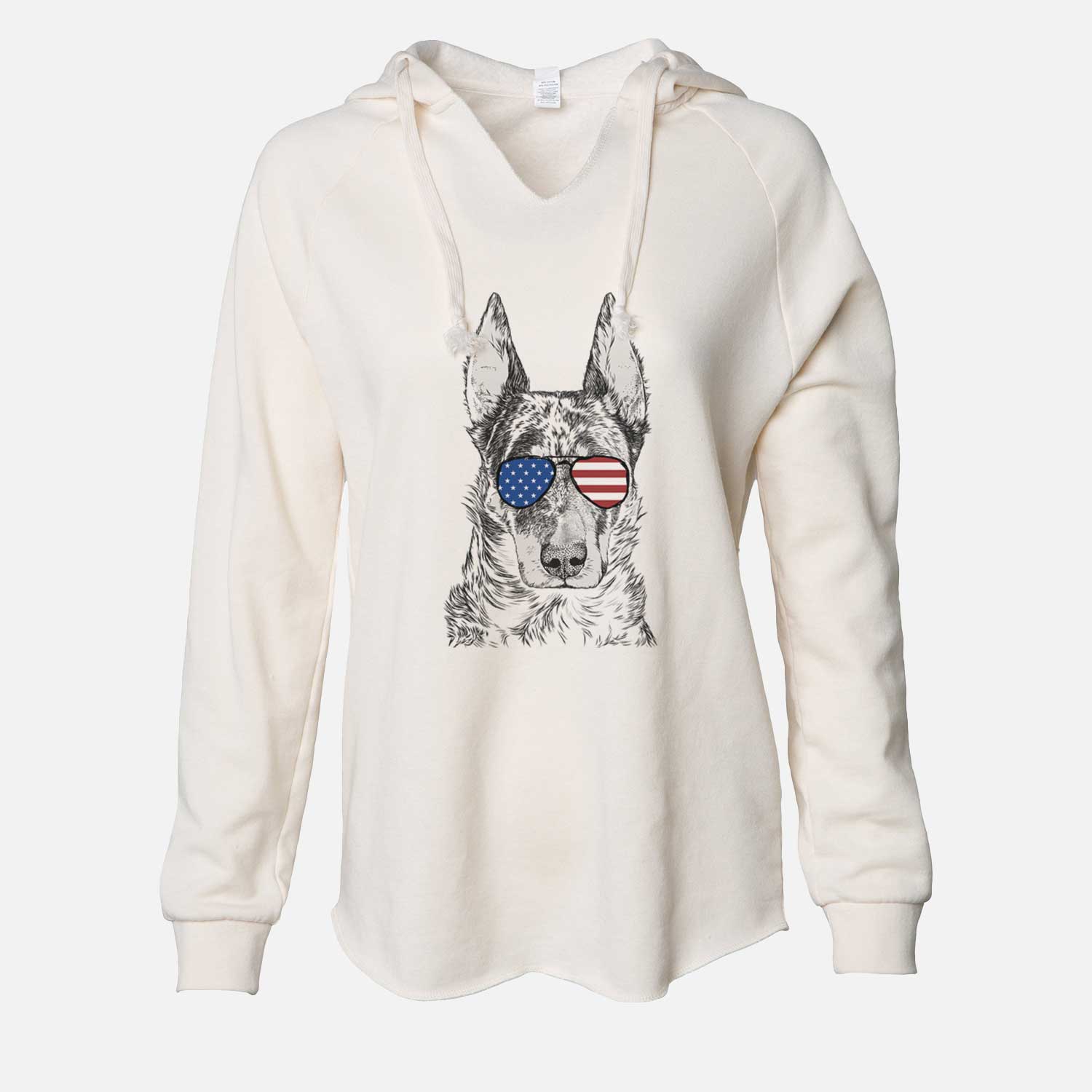 Hand-drawn sketch of Nori the Beauceron wearing American flag sunglasses on a Bone Cali Wave Hooded Sweatshirt