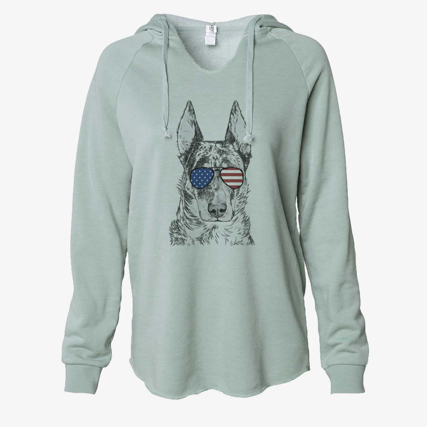 Hand-drawn sketch of Nori the Beauceron wearing American flag sunglasses on a Sage Cali Wave Hooded Sweatshirt