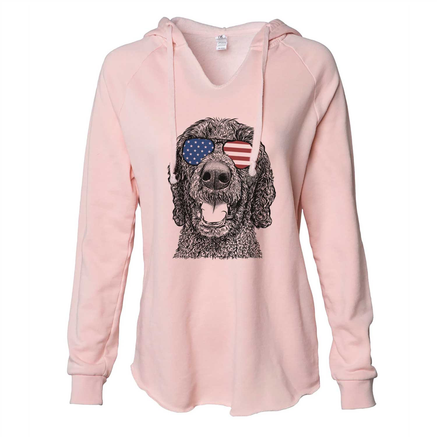 Hand-drawn sketch of Obi James the Goldendoodle wearing American flag sunglasses on a Blush Cali Wave Hooded Sweatshirt