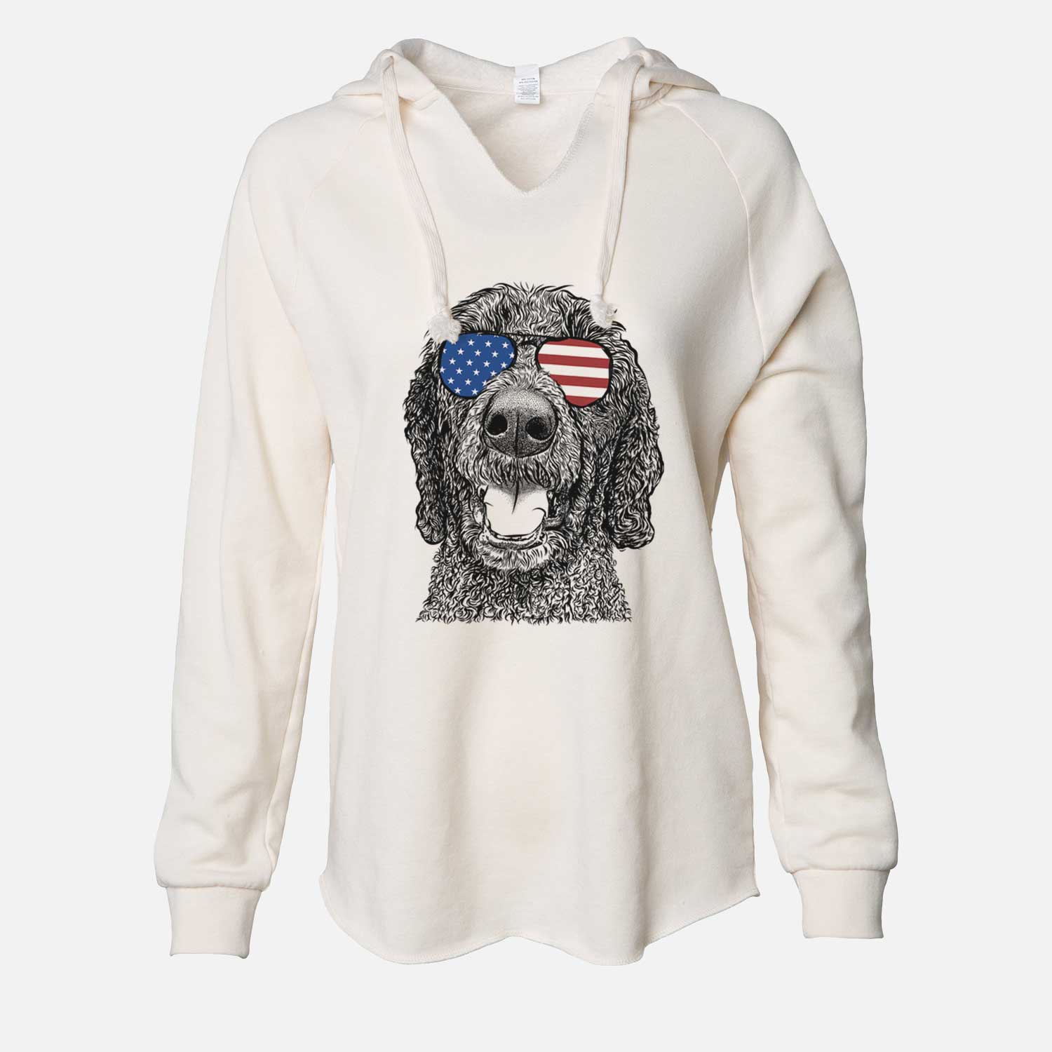 Hand-drawn sketch of Obi James the Goldendoodle wearing American flag sunglasses on a Bone Cali Wave Hooded Sweatshirt