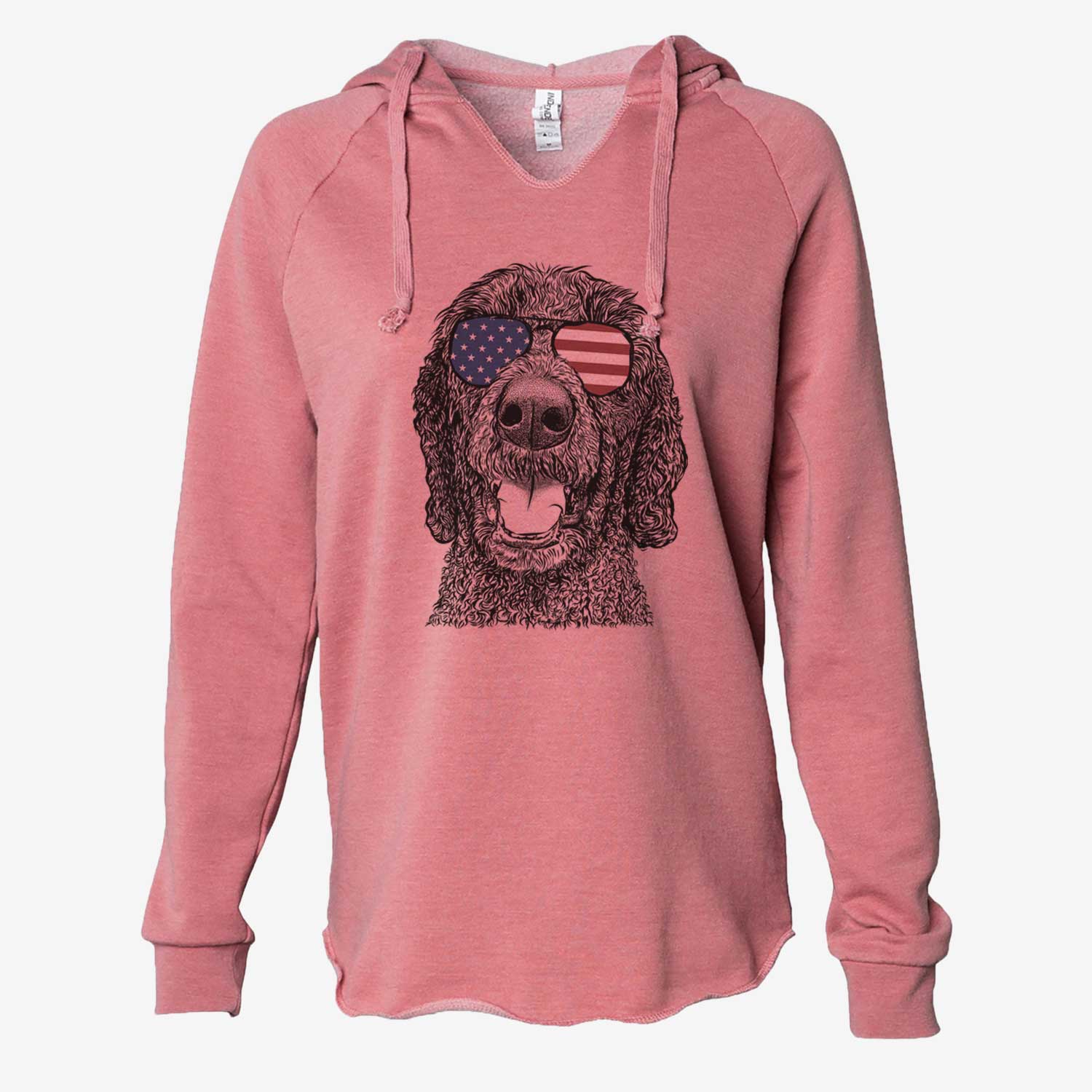 Hand-drawn sketch of Obi James the Goldendoodle wearing American flag sunglasses on a Dusty Rose Cali Wave Hooded Sweatshirt