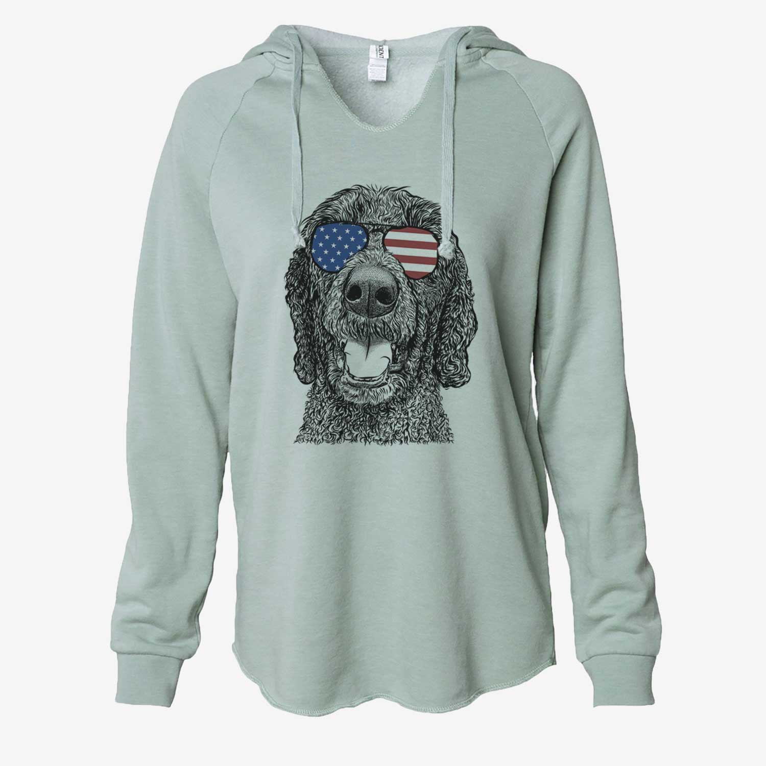 Hand-drawn sketch of Obi James the Goldendoodle wearing American flag sunglasses on a Sage Cali Wave Hooded Sweatshirt