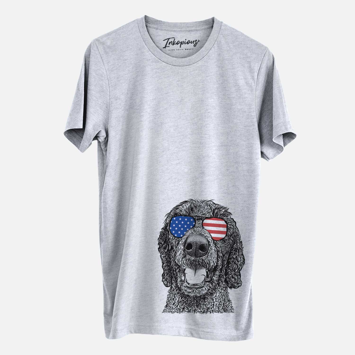 Hand-drawn sketch of Obi James the Goldendoodle wearing American flag sunglasses on a Grey Unisex crewneck