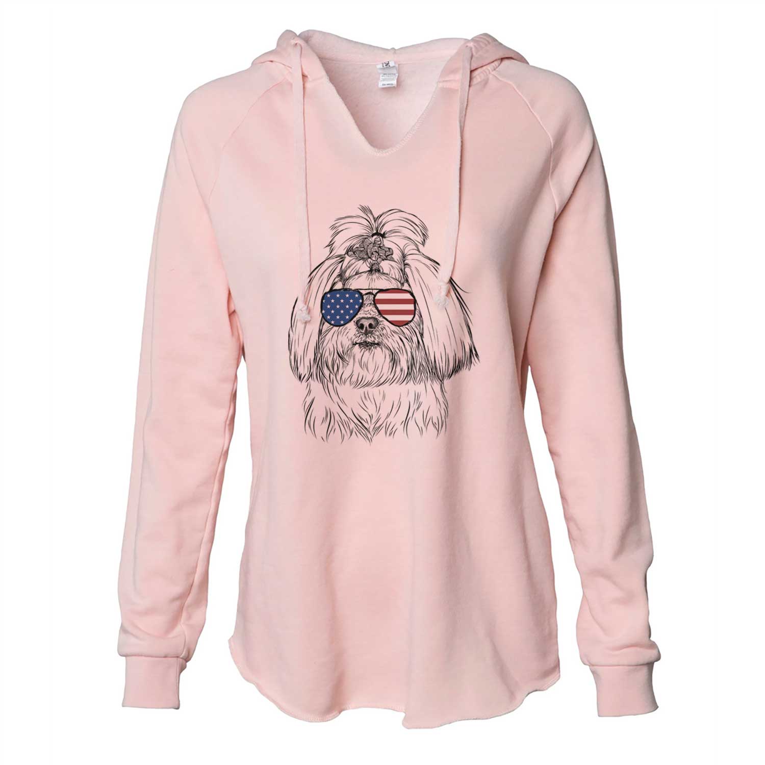 Hand-drawn sketch of Olga the Shih Tzu wearing American flag sunglasses on a Blush Cali Wave Hooded Sweatshirt