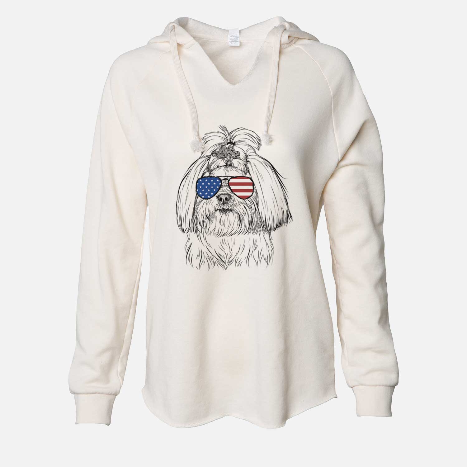 Hand-drawn sketch of Olga the Shih Tzu wearing American flag sunglasses on a Bone Cali Wave Hooded Sweatshirt