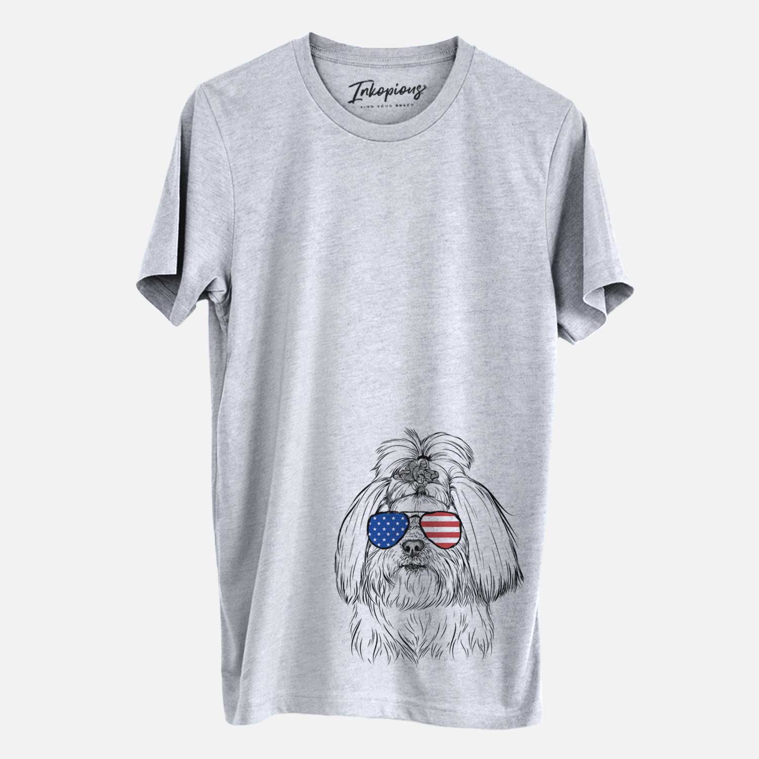 Hand-drawn sketch of Olga the Shih Tzu wearing American flag sunglasses on a Grey Unisex crewneck