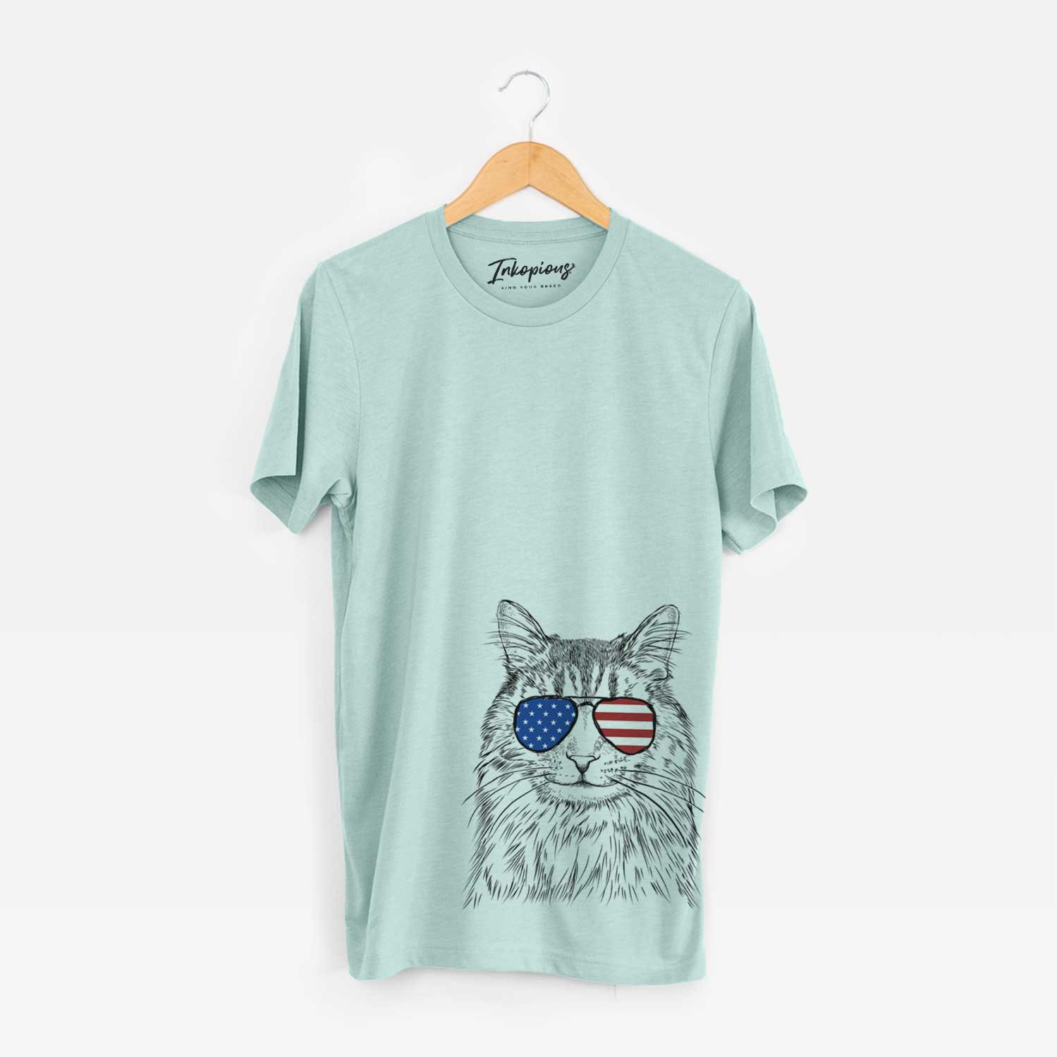 Hand-drawn sketch of Oliver Fluff the Maine Coon Mix Cat wearing American flag sunglasses on a Heather Sage Unisex crewneck