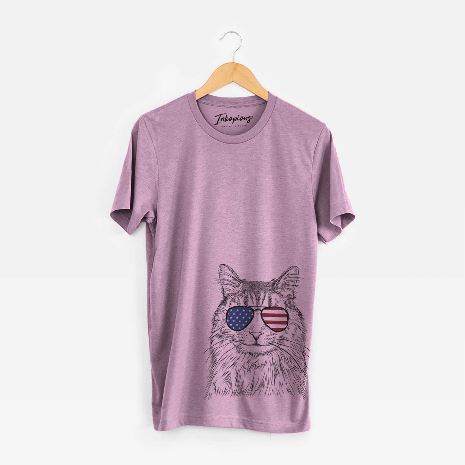 Hand-drawn sketch of Oliver Fluff the Maine Coon Mix Cat wearing American flag sunglasses on an Orchid Unisex crewneck