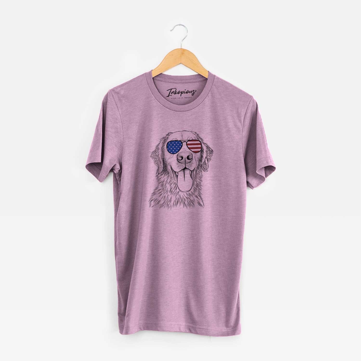 Hand-drawn sketch of Oliver Tredup the Golden Retriever wearing American flag sunglasses on an Orchid Unisex crewneck