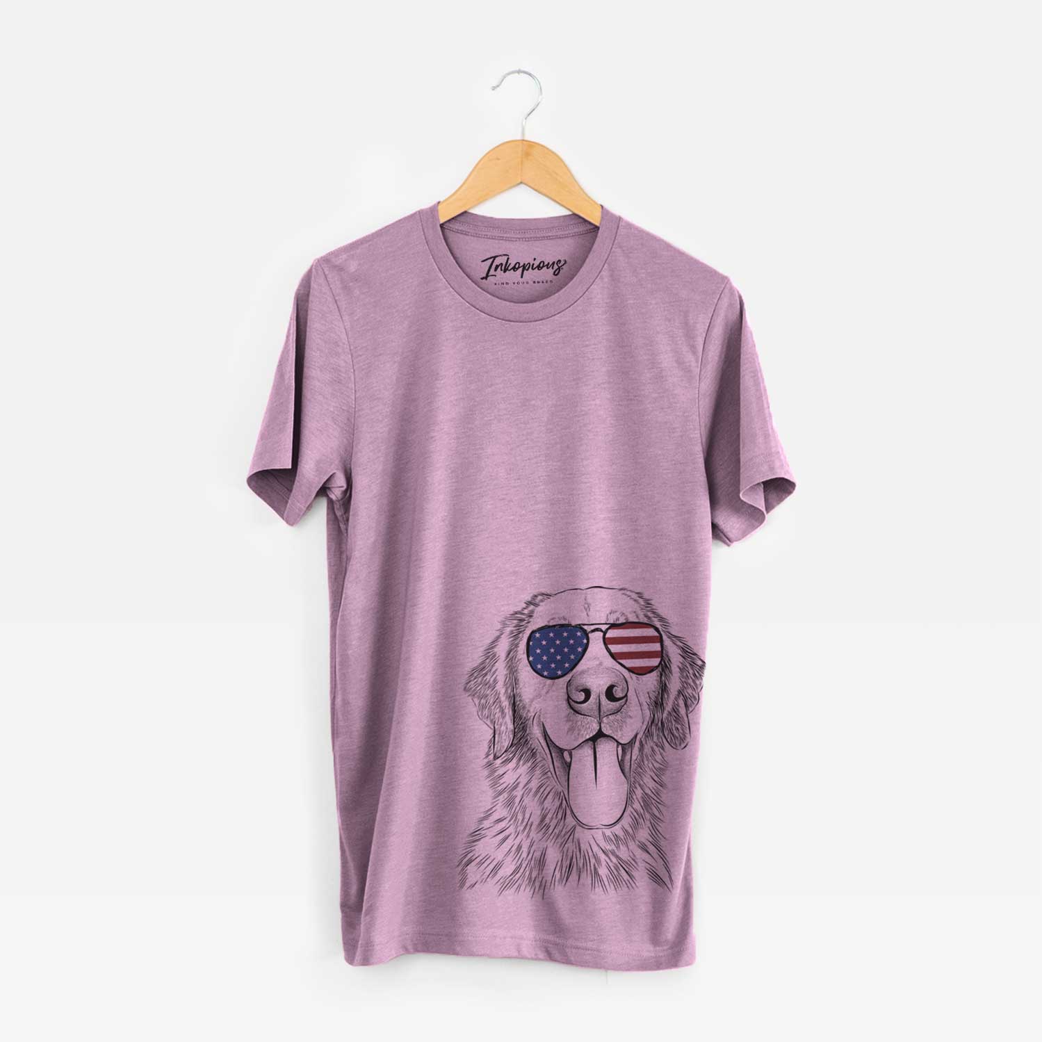 Hand-drawn sketch of Oliver Tredup the Golden Retriever wearing American flag sunglasses on an Orchid Unisex crewneck