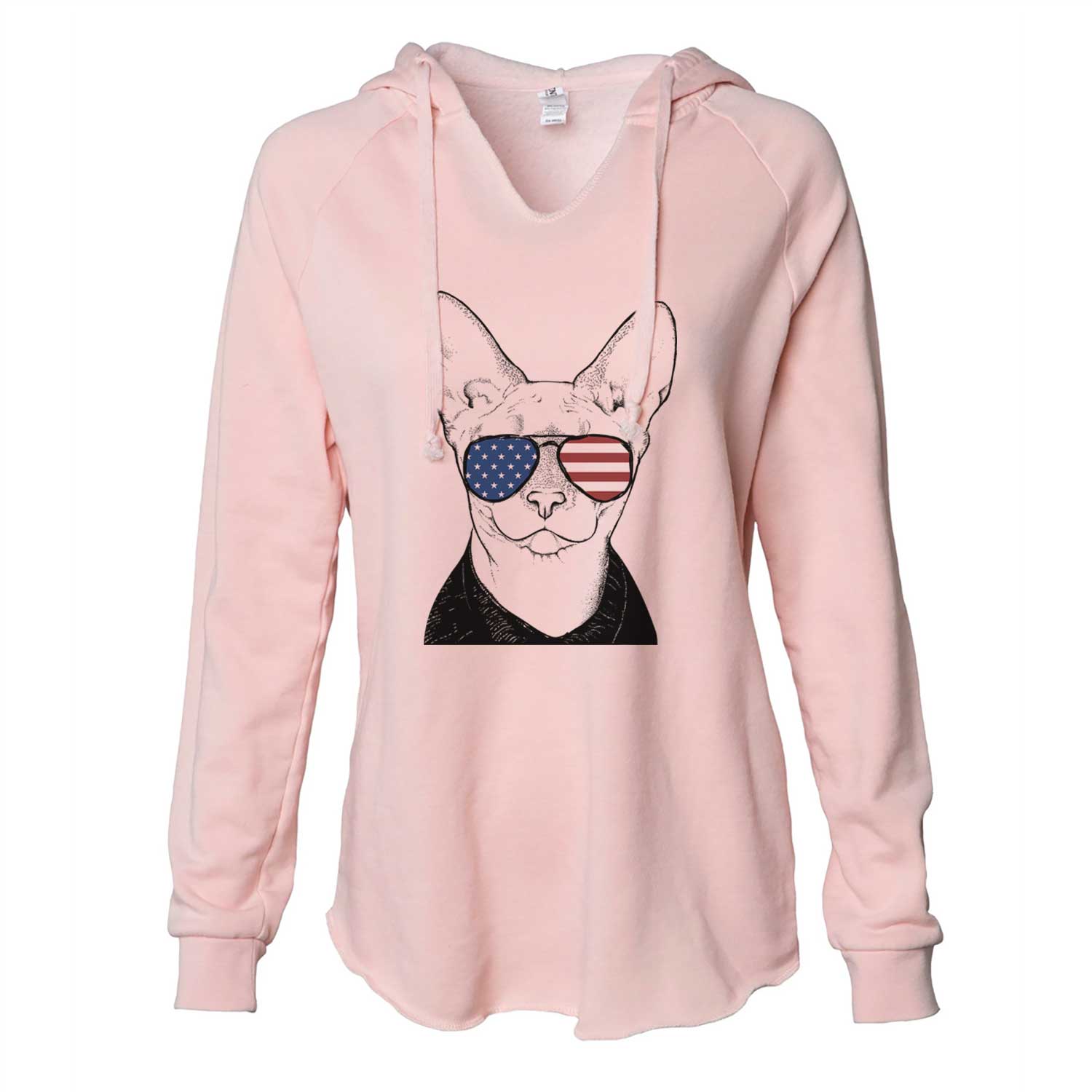 Hand-drawn sketch of Oliver Watson the Sphynx Cat wearing American flag sunglasses on a Blush Cali Wave Hooded Sweatshirt
