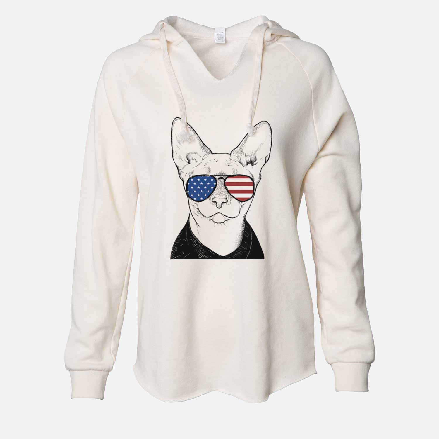 Hand-drawn sketch of Oliver Watson the Sphynx Cat wearing American flag sunglasses on a Bone Cali Wave Hooded Sweatshirt