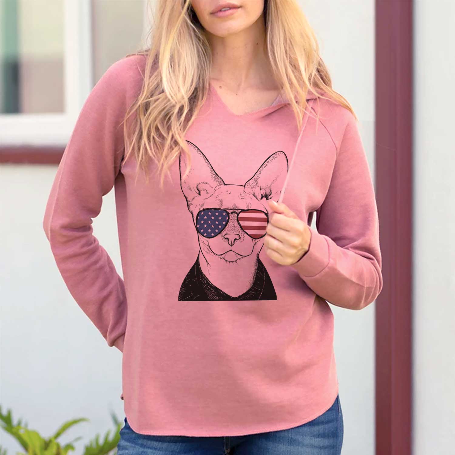 Hand-drawn sketch of Oliver Watson the Sphynx Cat wearing American flag sunglasses on a Dusty Rose Cali Wave Hooded Sweatshirt, lifestyle photo