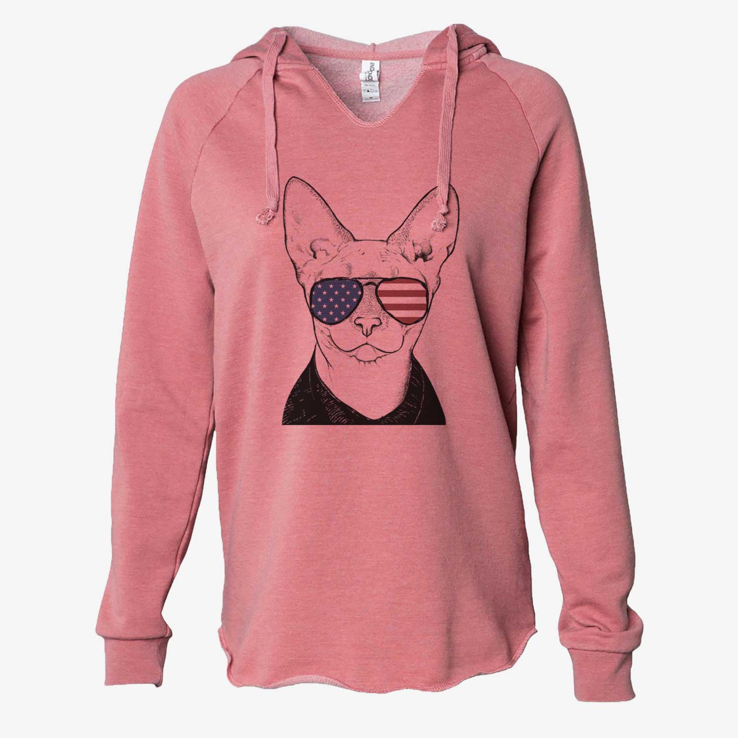 Hand-drawn sketch of Oliver Watson the Sphynx Cat wearing American flag sunglasses on a Dusty Rose Cali Wave Hooded Sweatshirt