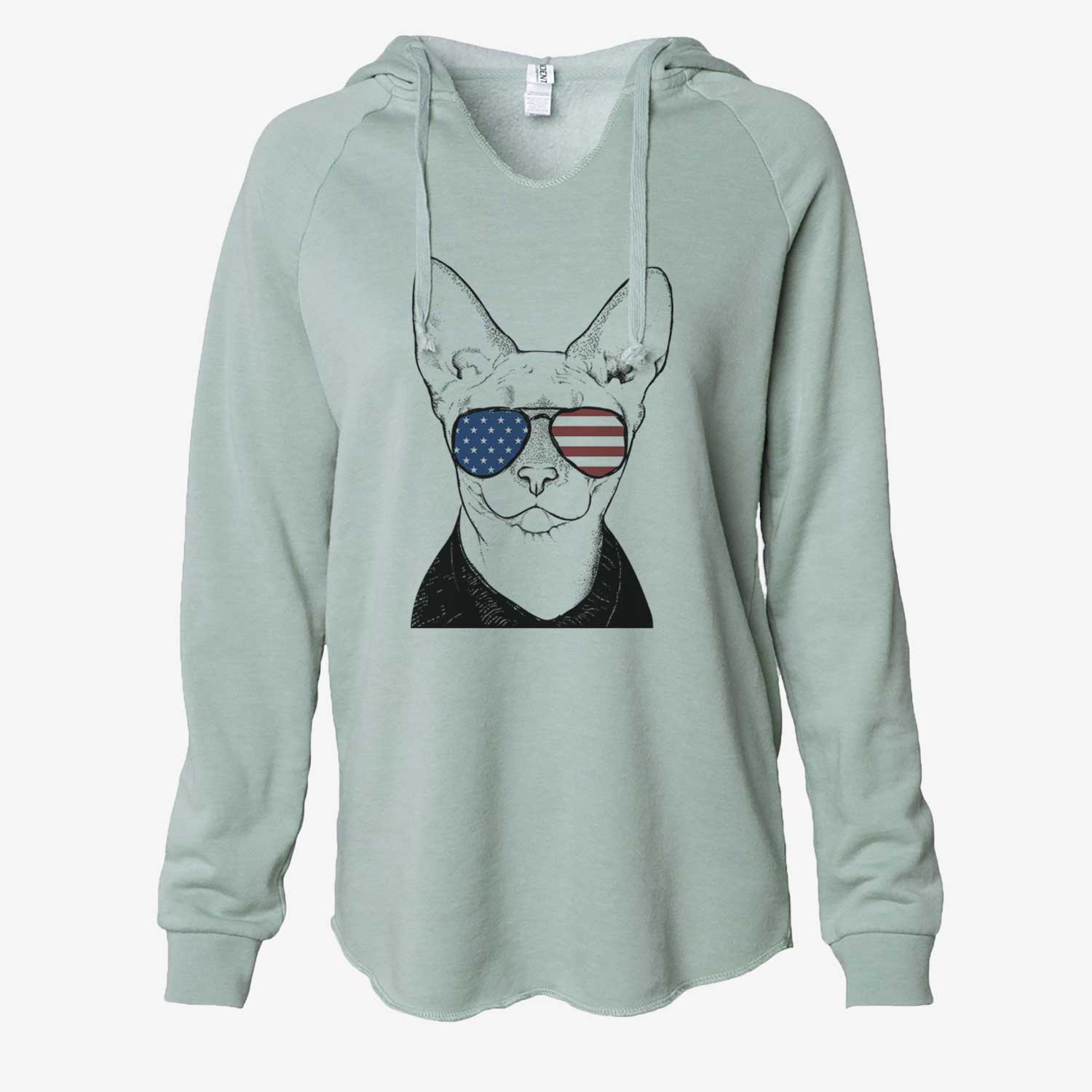 Hand-drawn sketch of Oliver Watson the Sphynx Cat wearing American flag sunglasses on a Sage Cali Wave Hooded Sweatshirt