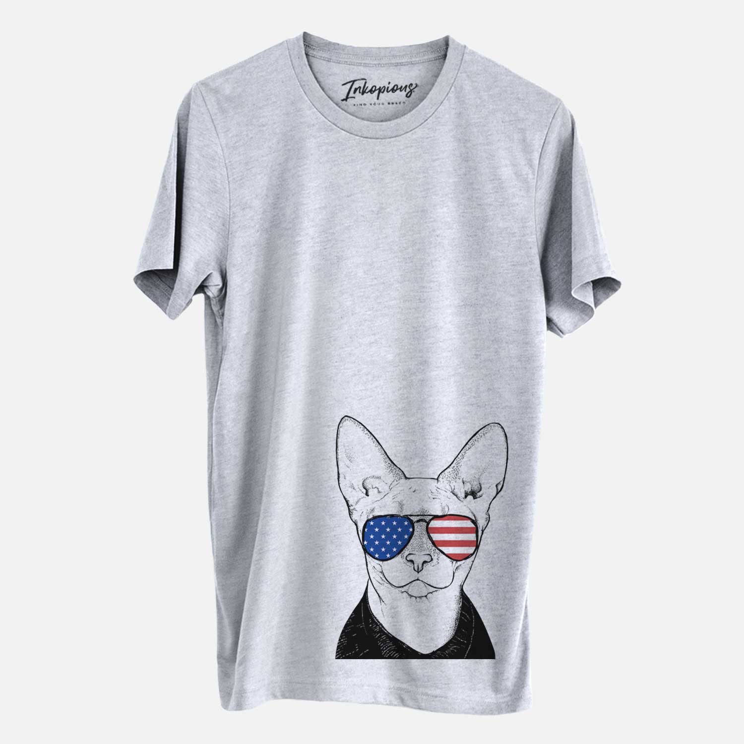 Hand-drawn sketch of Oliver Watson the Sphynx Cat wearing American flag sunglasses on a Grey Unisex crewneck