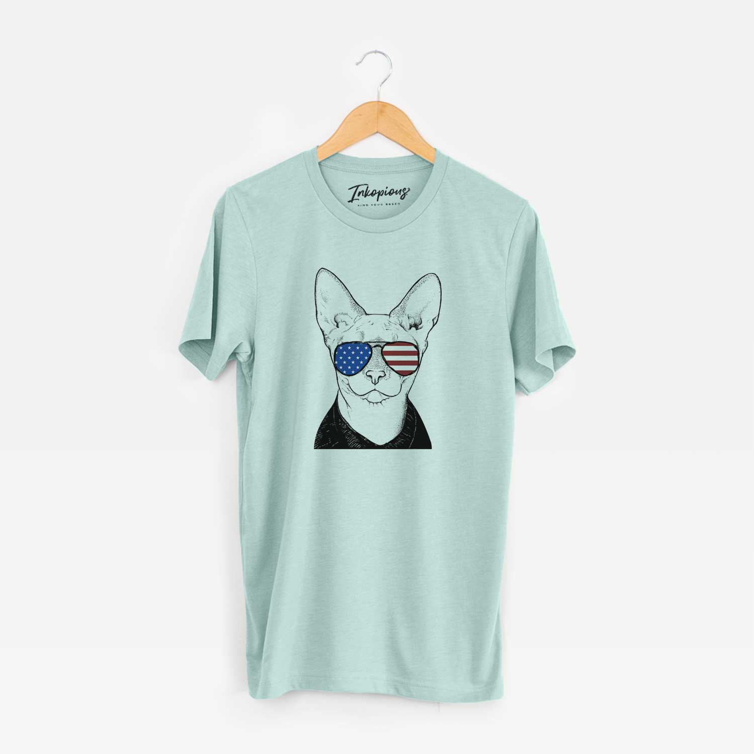 Hand-drawn sketch of Oliver Watson the Sphynx Cat wearing American flag sunglasses on a Heather Sage Unisex crewneck