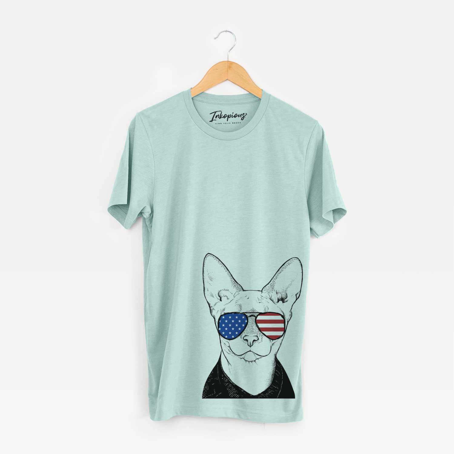 Hand-drawn sketch of Oliver Watson the Sphynx Cat wearing American flag sunglasses on a Heather Sage Unisex crewneck