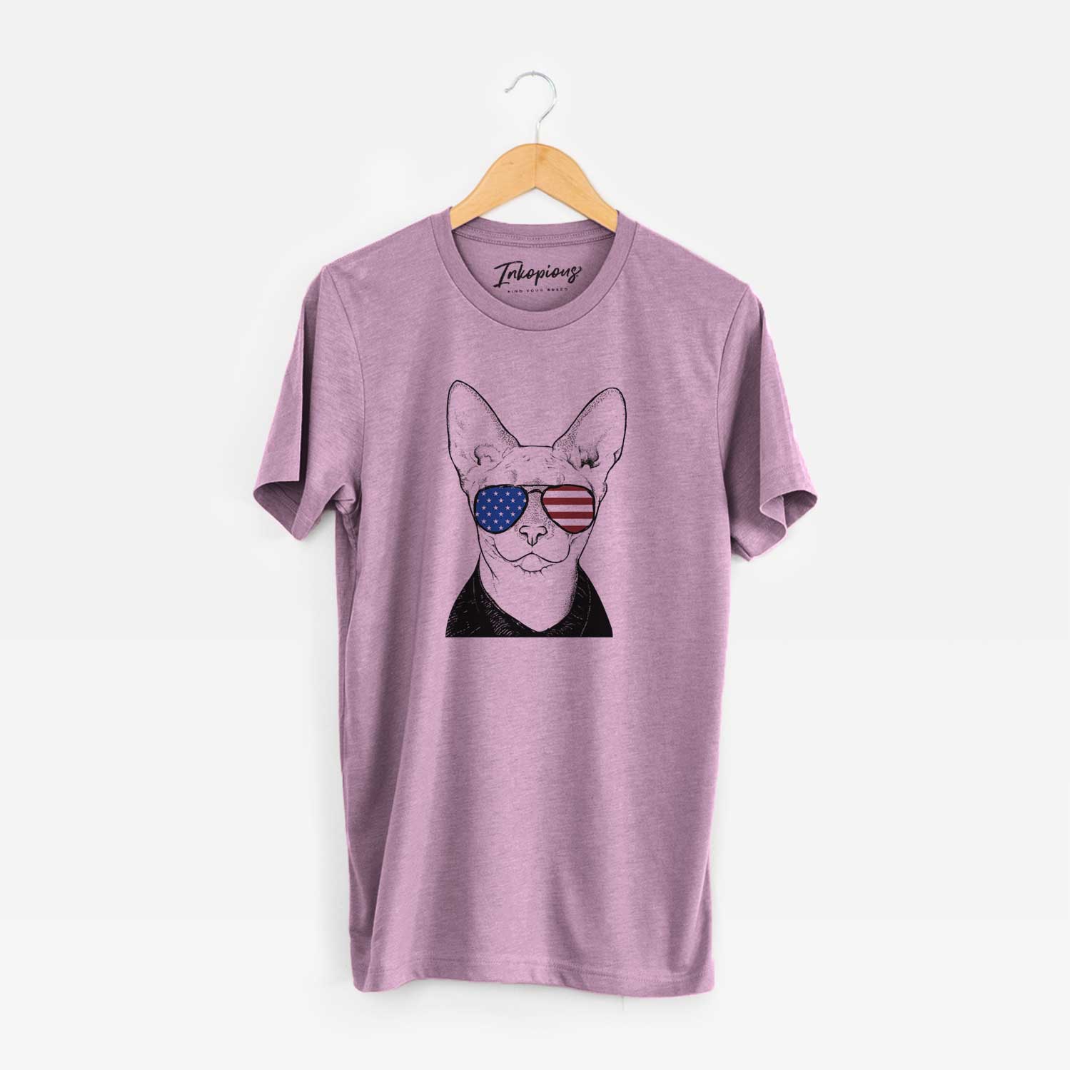 Hand-drawn sketch of Oliver Watson the Sphynx Cat wearing American flag sunglasses on an Orchid Unisex crewneck