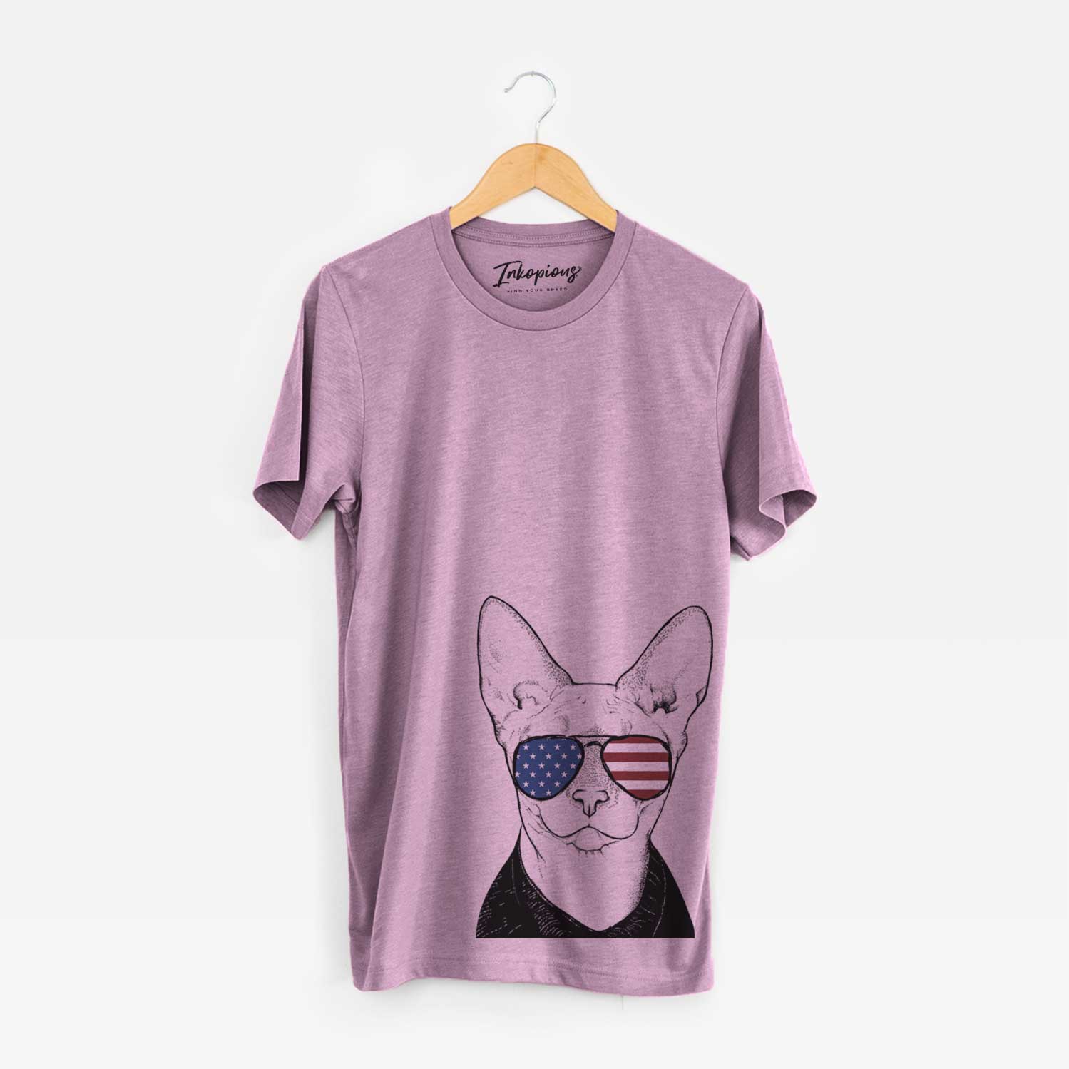 Hand-drawn sketch of Oliver Watson the Sphynx Cat wearing American flag sunglasses on an Orchid Unisex crewneck