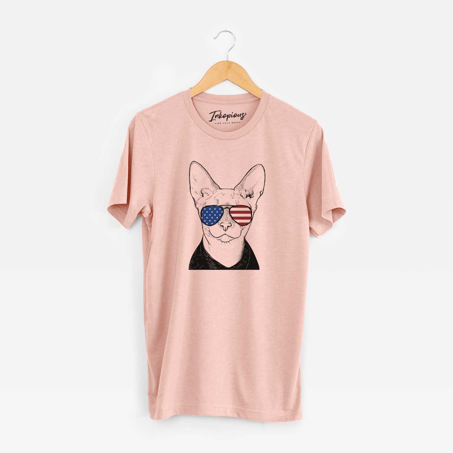 Hand-drawn sketch of Oliver Watson the Sphynx Cat wearing American flag sunglasses on a Peach Unisex crewneck