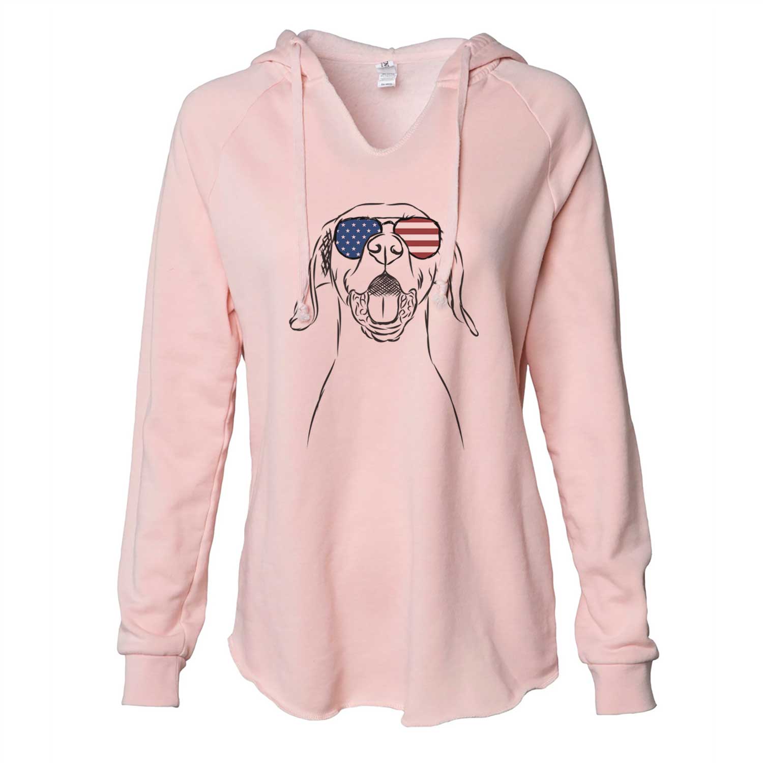 Hand-drawn sketch of Ollie the Vizsla wearing American flag sunglasses on a Blush Cali Wave Hooded Sweatshirt