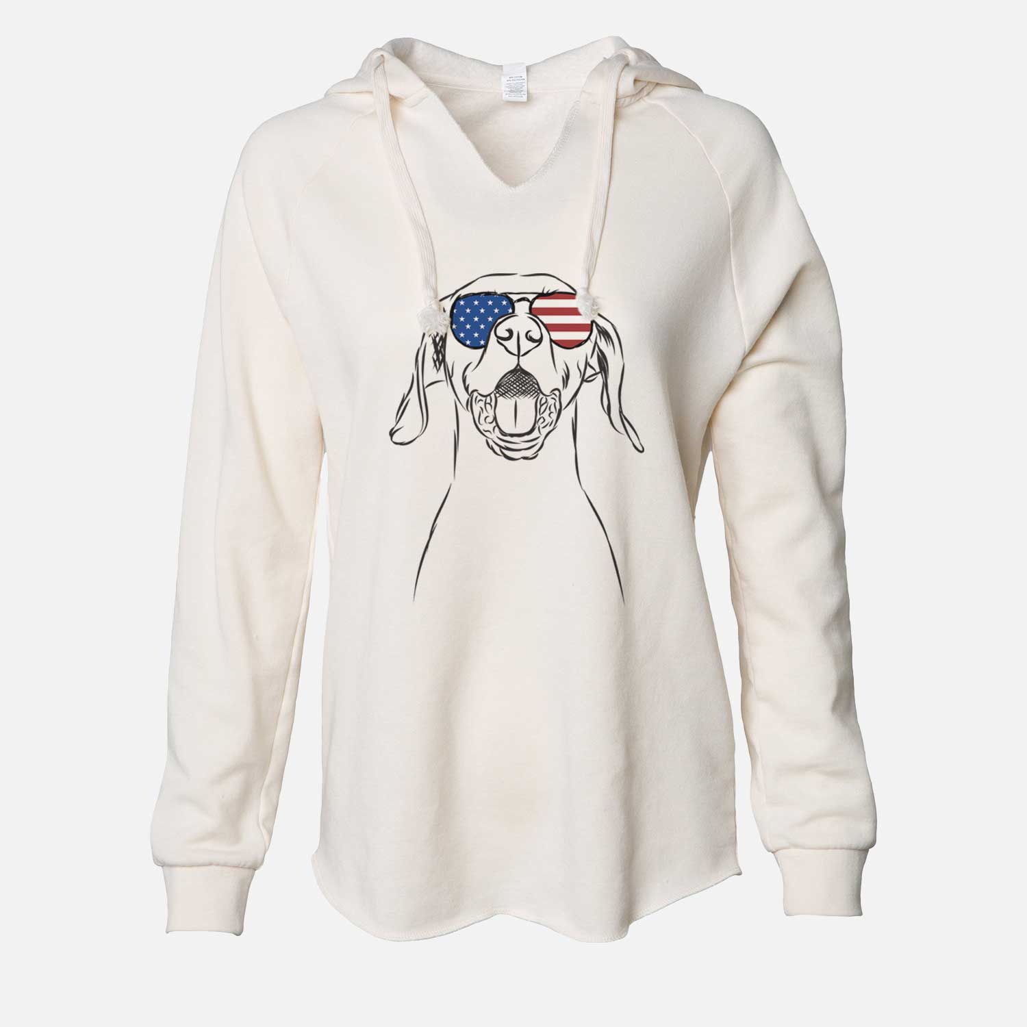 Hand-drawn sketch of Ollie the Vizsla wearing American flag sunglasses on a Bone Cali Wave Hooded Sweatshirt