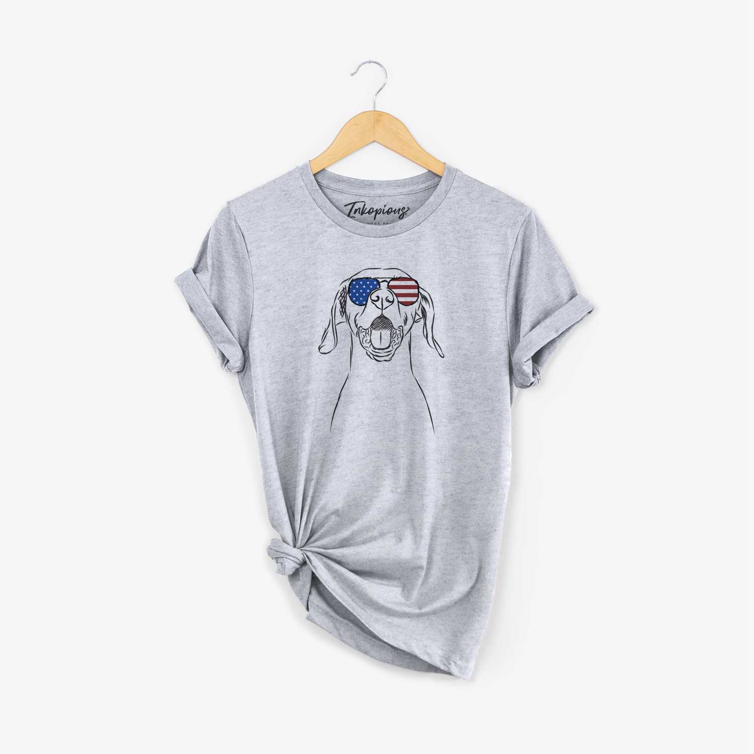 Hand-drawn sketch of Ollie the Vizsla wearing American flag sunglasses on a Grey Unisex crewneck