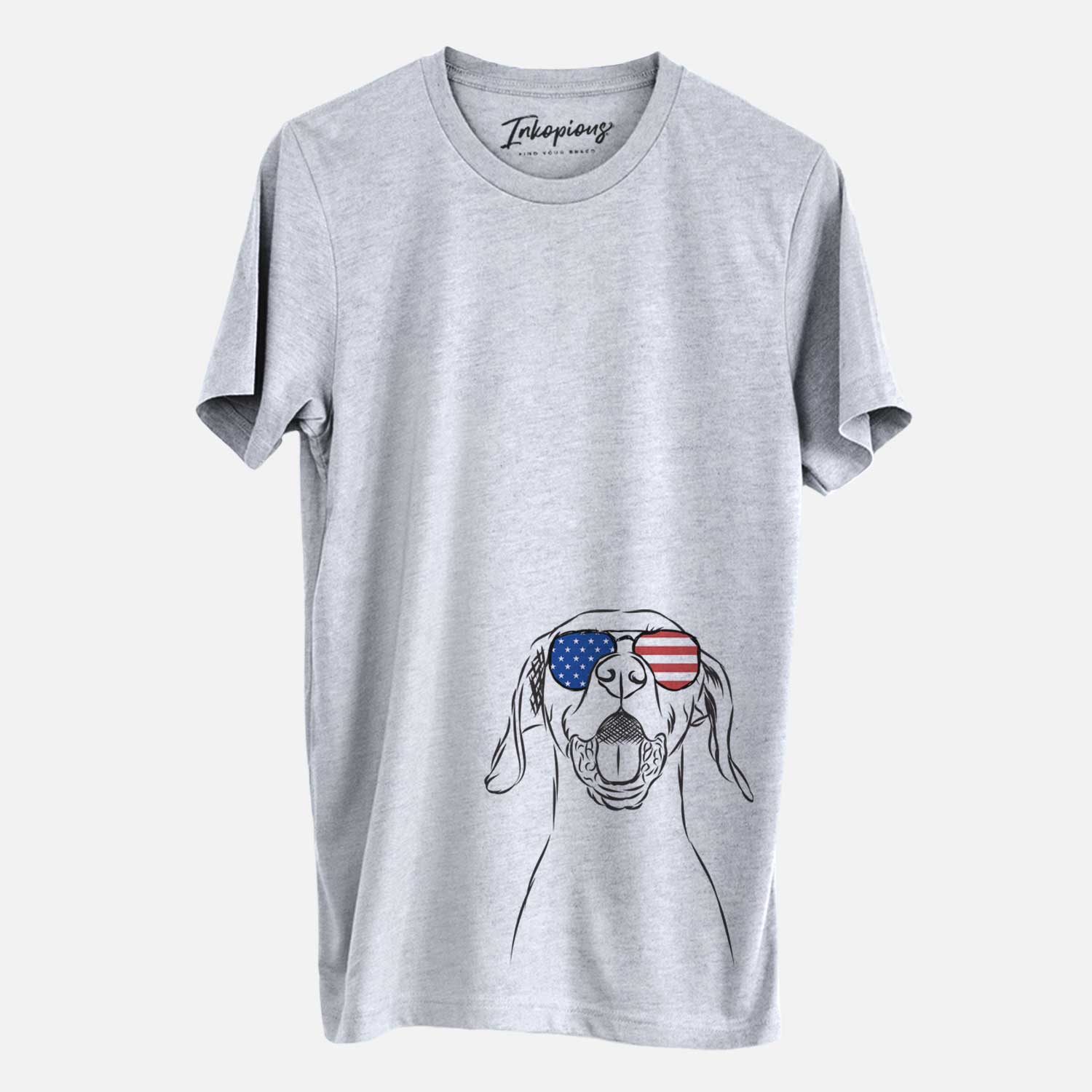 Hand-drawn sketch of Ollie the Vizsla wearing American flag sunglasses on a Grey Unisex crewneck