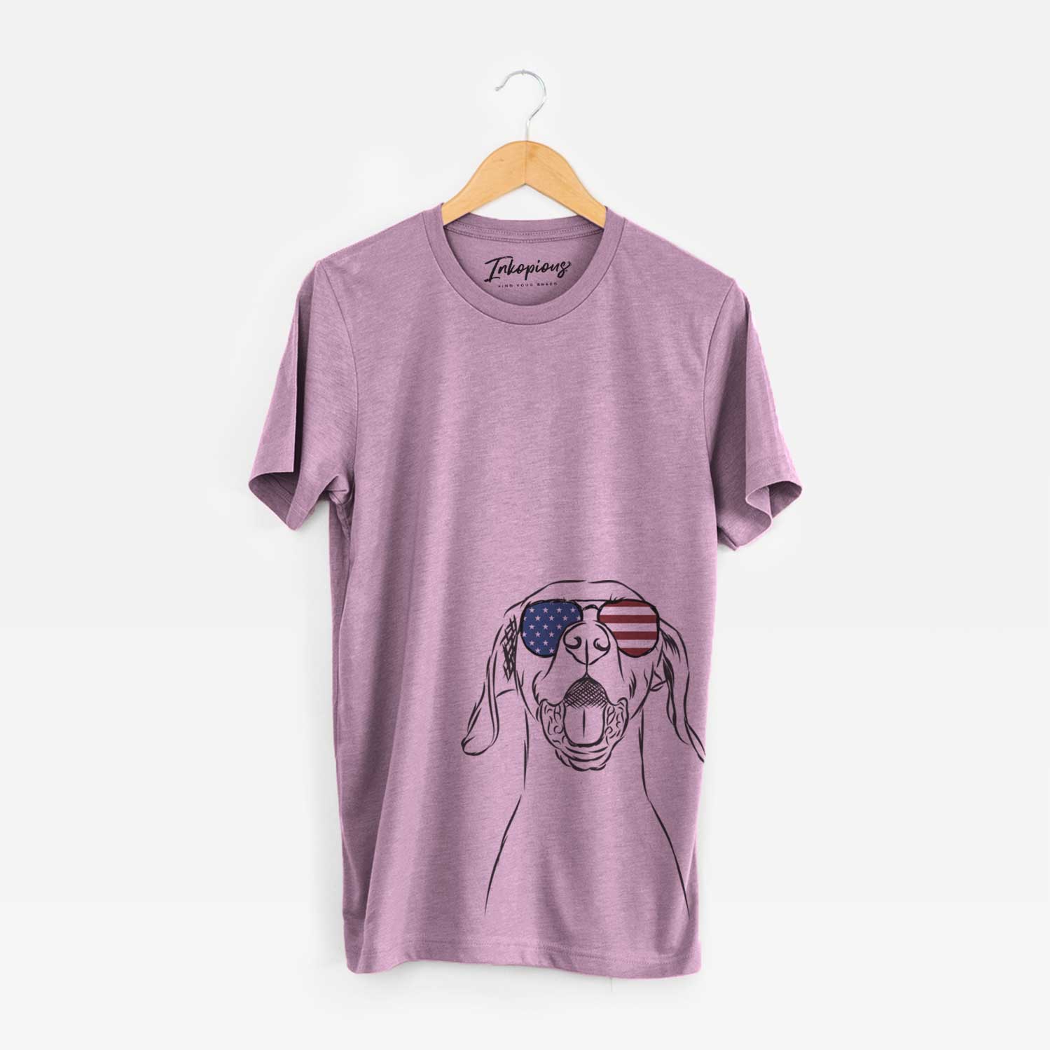 Hand-drawn sketch of Ollie the Vizsla wearing American flag sunglasses on an Orchid Unisex crewneck