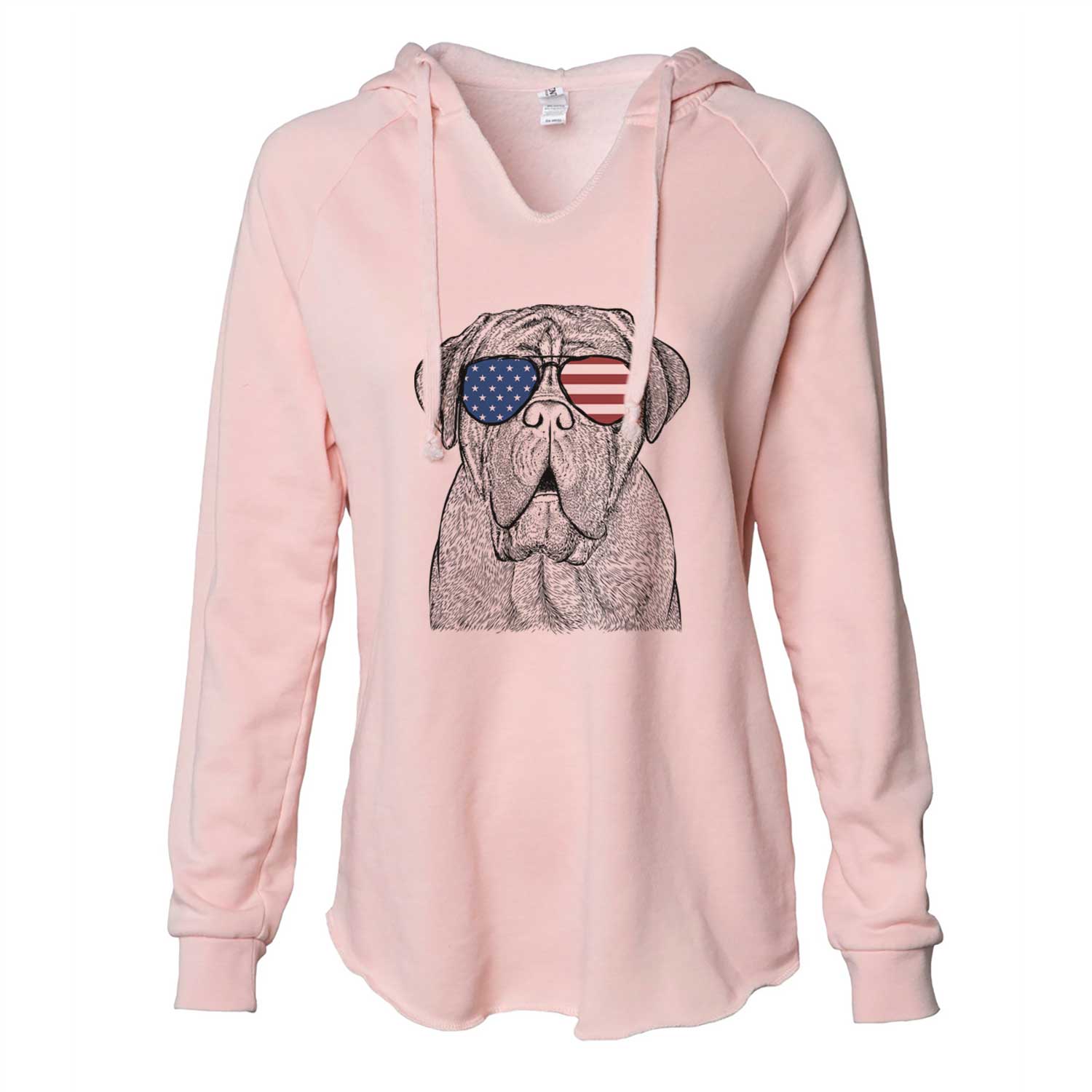 Hand-drawn sketch of Optimus the Dogue de Bordeaux wearing American flag sunglasses on a Blush Cali Wave Hooded Sweatshirt