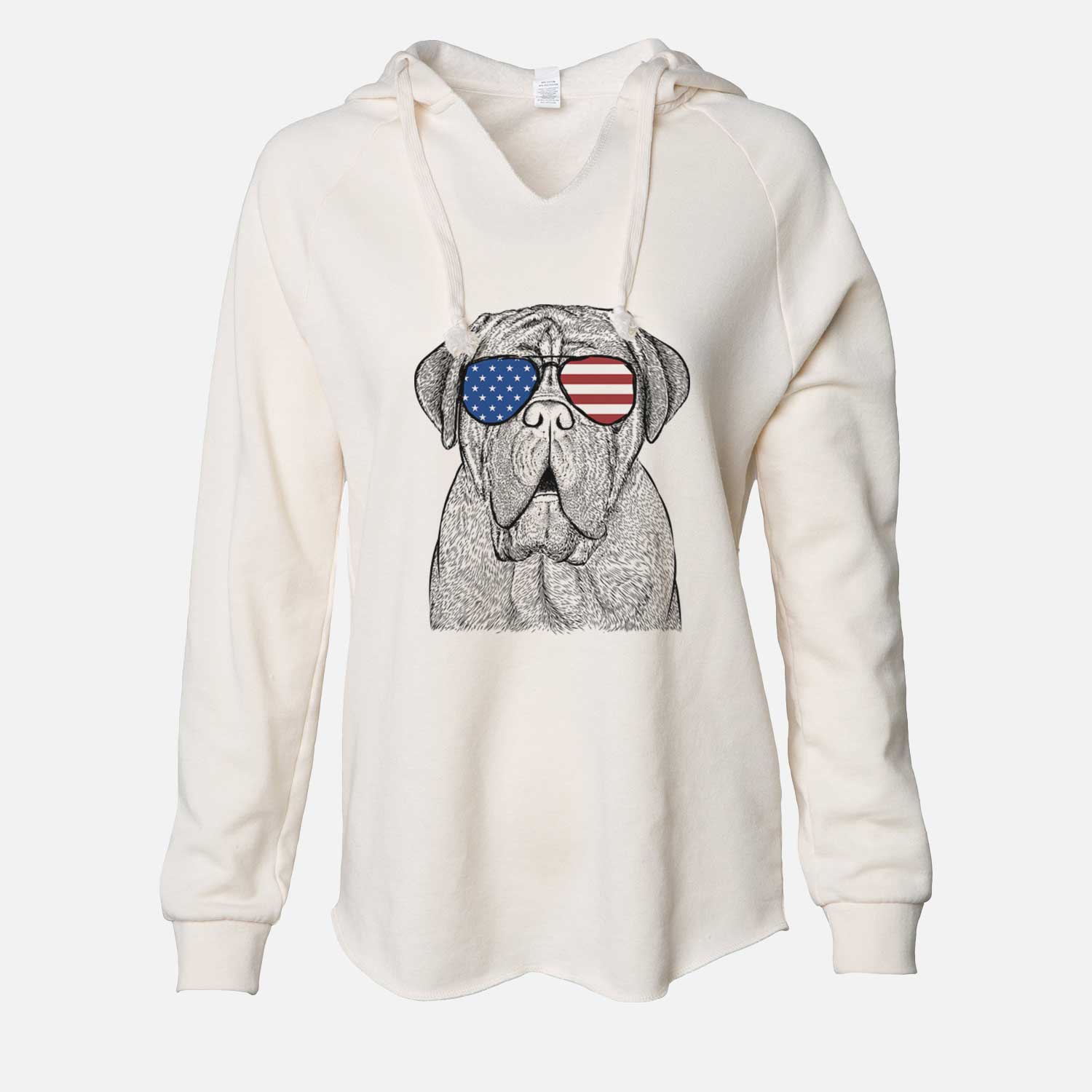 Hand-drawn sketch of Optimus the Dogue de Bordeaux wearing American flag sunglasses on a Bone Cali Wave Hooded Sweatshirt