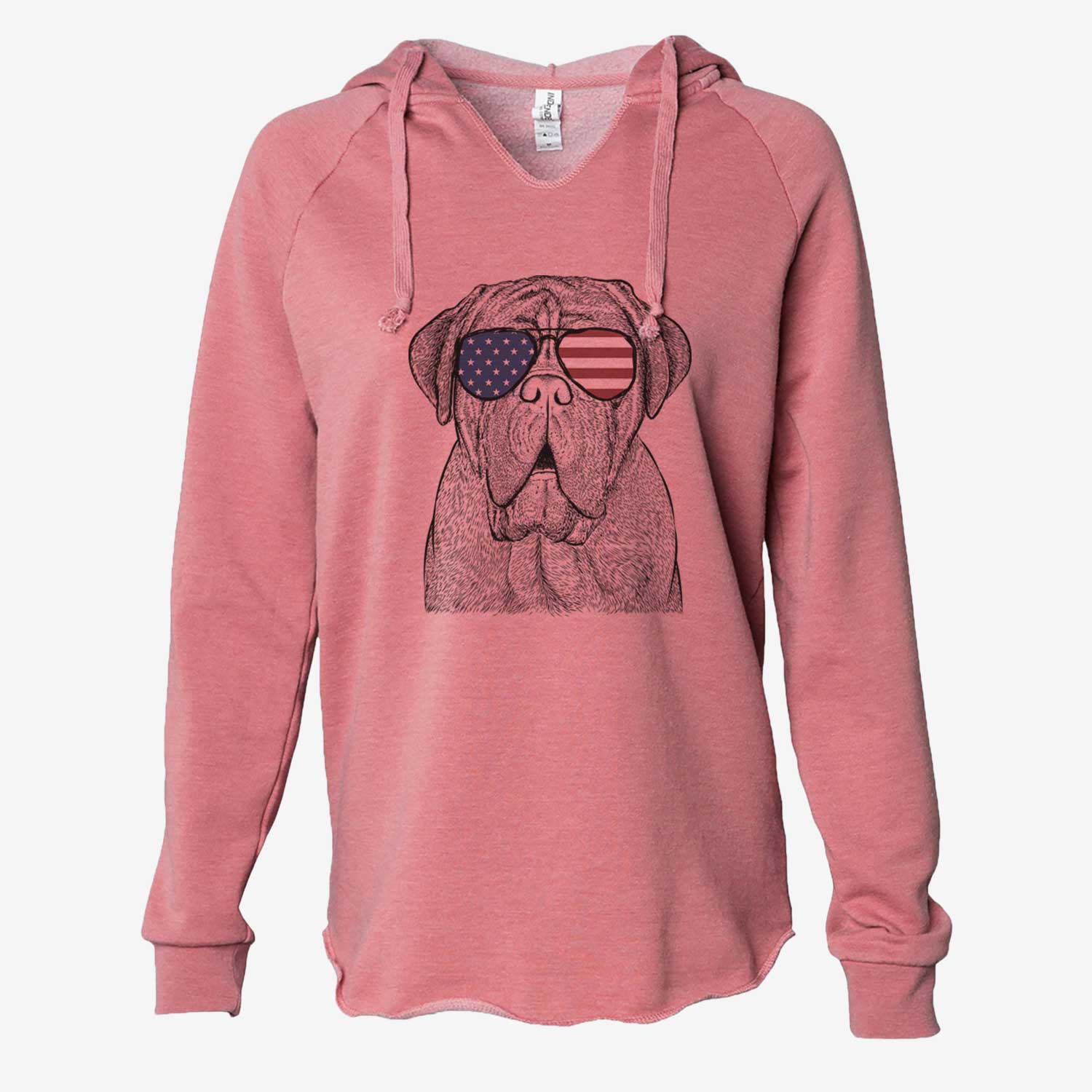 Hand-drawn sketch of Optimus the Dogue de Bordeaux wearing American flag sunglasses on a Dusty Rose Cali Wave Hooded Sweatshirt
