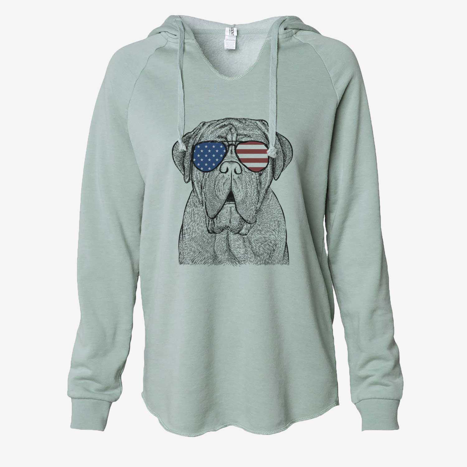 Hand-drawn sketch of Optimus the Dogue de Bordeaux wearing American flag sunglasses on a Sage Cali Wave Hooded Sweatshirt