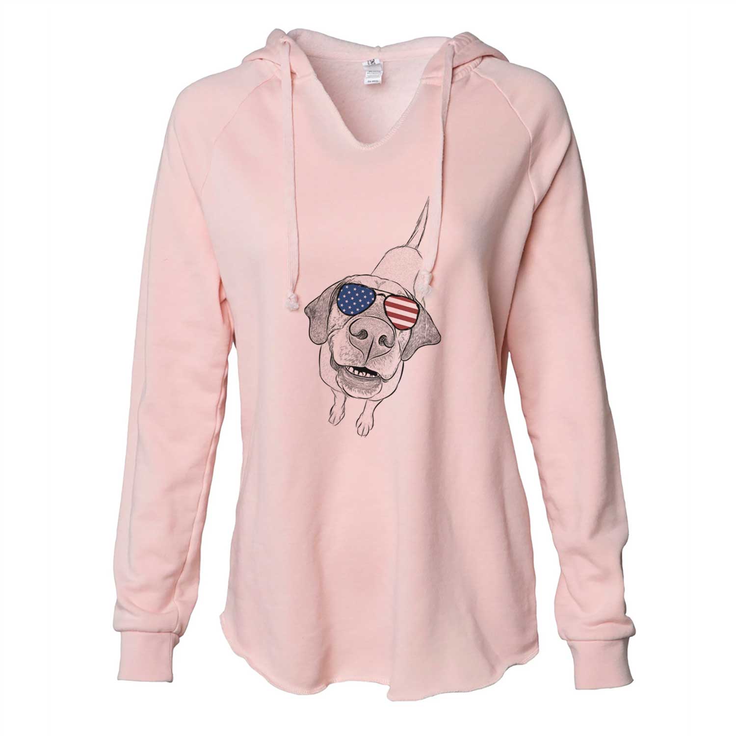 Hand-drawn sketch of Oquirrh the Vizsla wearing American flag sunglasses on a Blush Cali Wave Hooded Sweatshirt