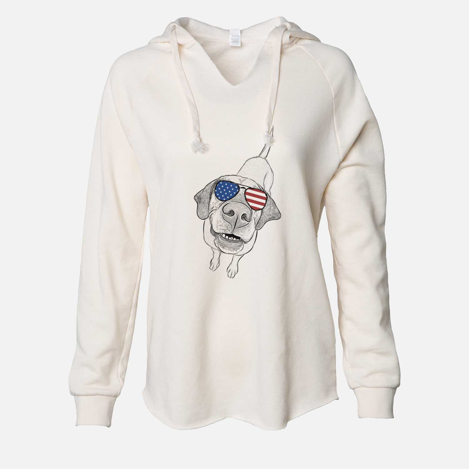 Hand-drawn sketch of Oquirrh the Vizsla wearing American flag sunglasses on a Bone Cali Wave Hooded Sweatshirt