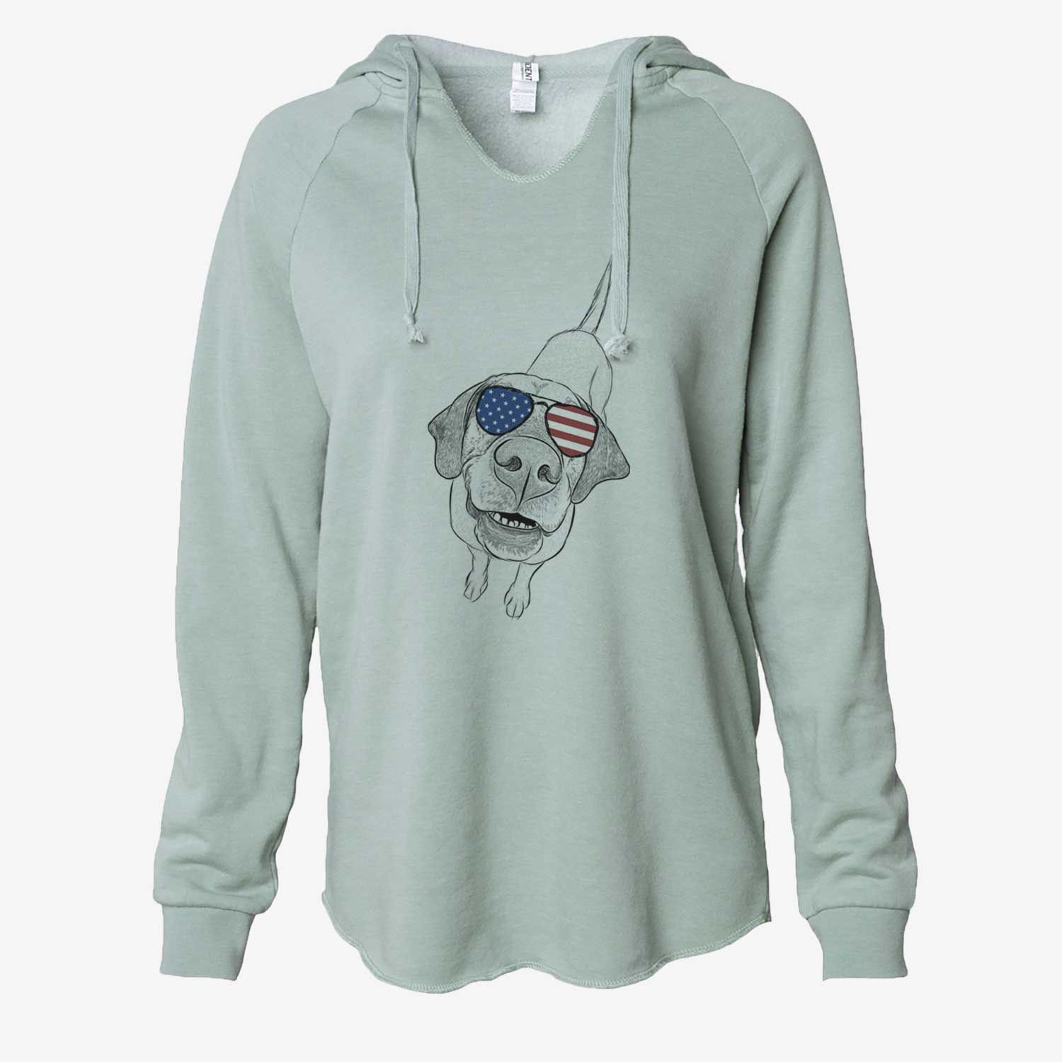 Hand-drawn sketch of Oquirrh the Vizsla wearing American flag sunglasses on a Sage Cali Wave Hooded Sweatshirt