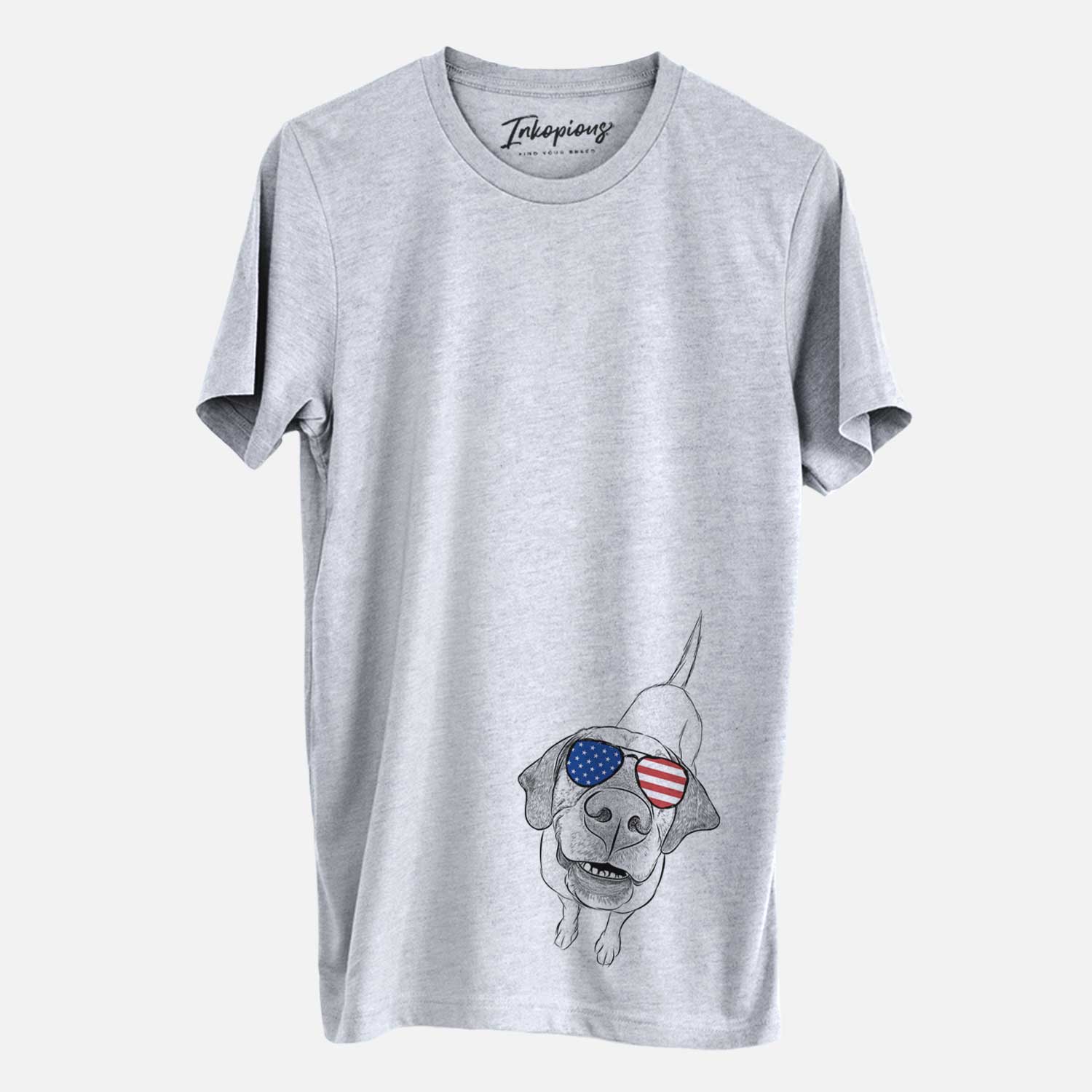 Hand-drawn sketch of Oquirrh the Vizsla wearing American flag sunglasses on a Grey Unisex crewneck