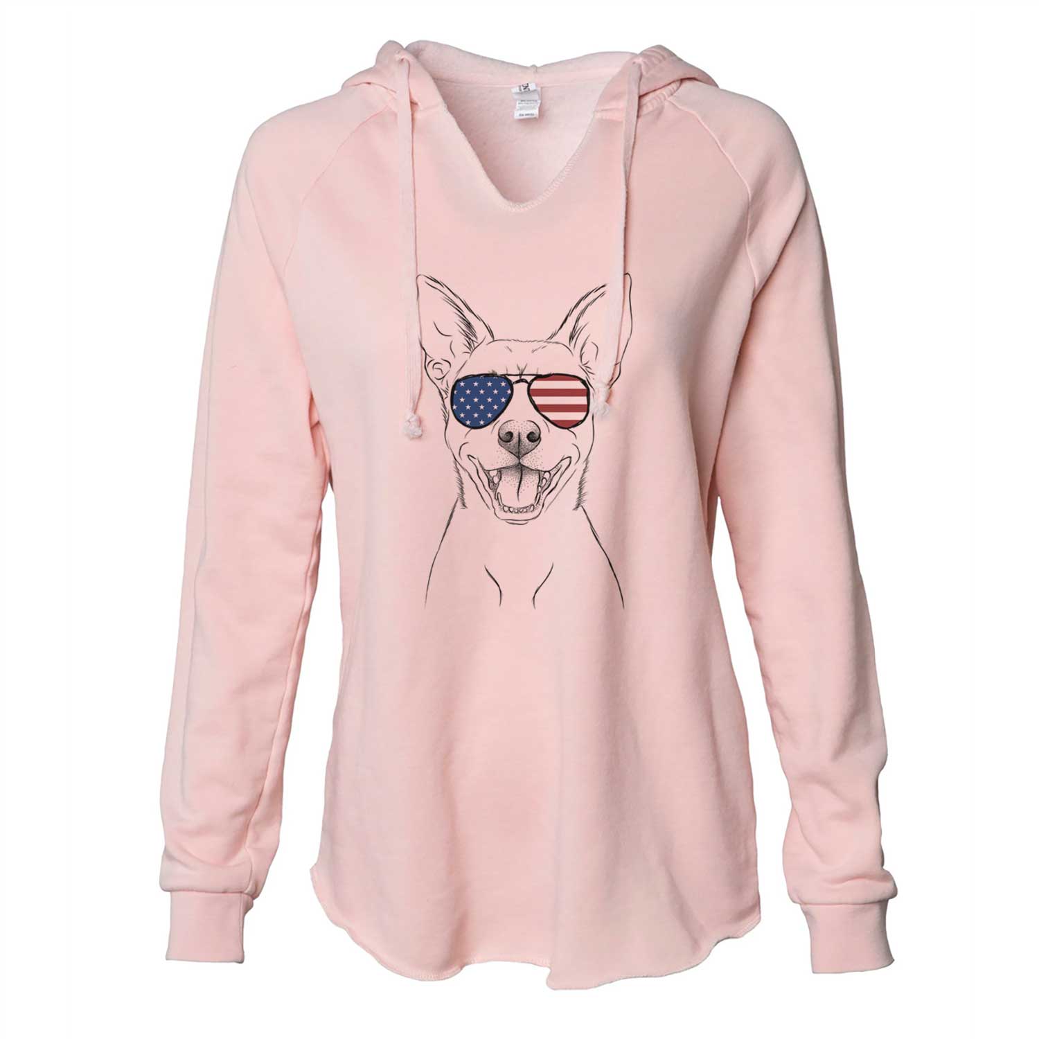 Hand-drawn sketch of Orange the Carolina Dog wearing American flag sunglasses on a Blush Cali Wave Hooded Sweatshirt