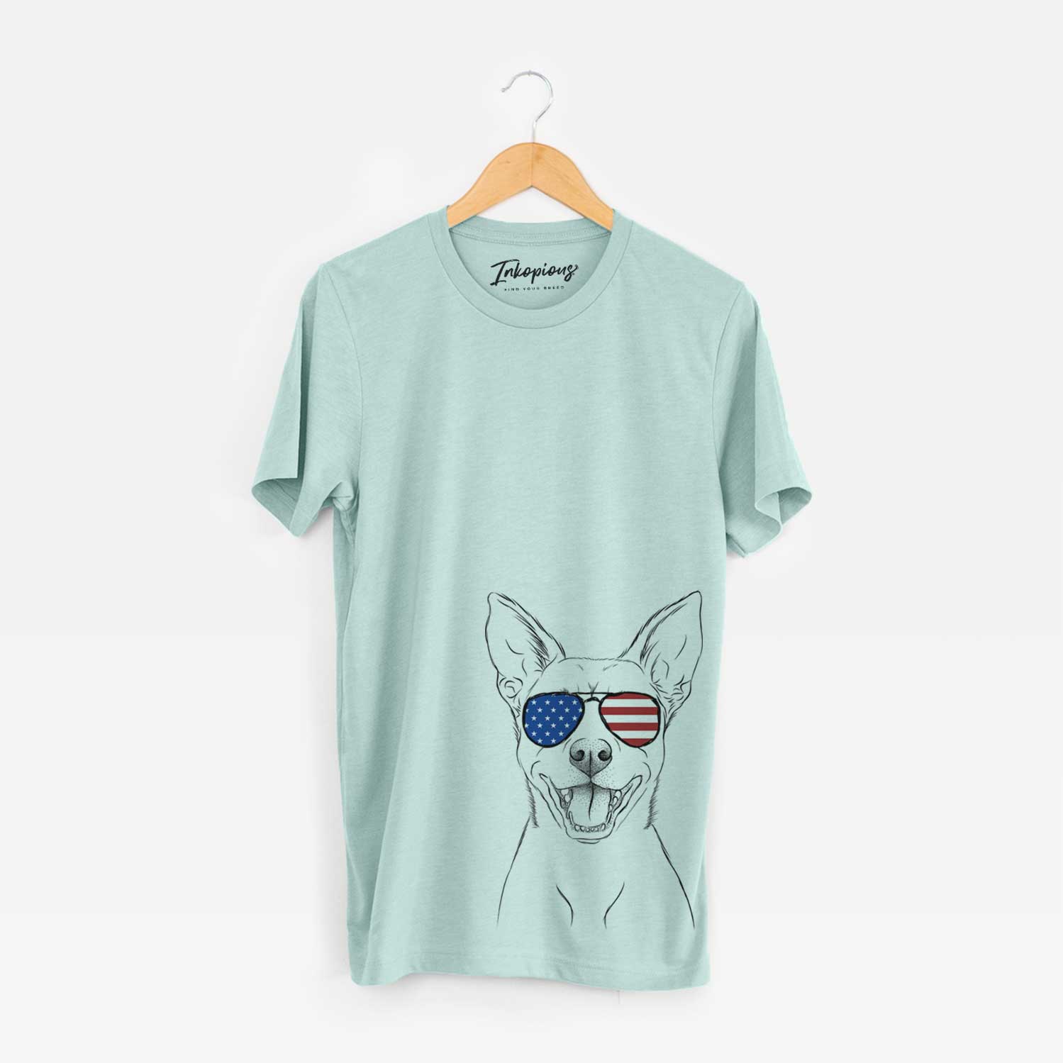 Hand-drawn sketch of Orange the Carolina Dog wearing American flag sunglasses on a Heather Sage Unisex crewneck