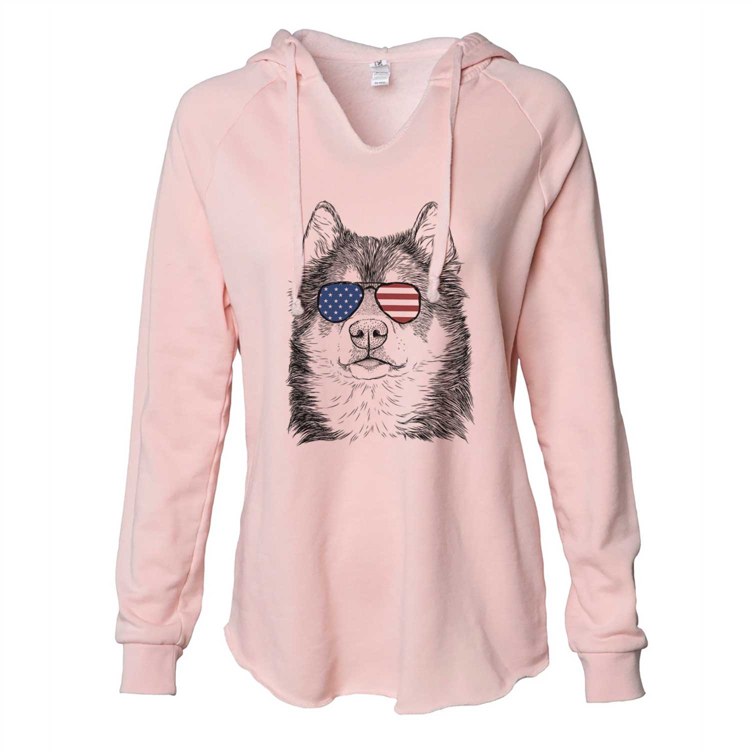 Hand-drawn sketch of Oskar the Canadian Eskimo Dog wearing American flag sunglasses on a Blush Cali Wave Hooded Sweatshirt