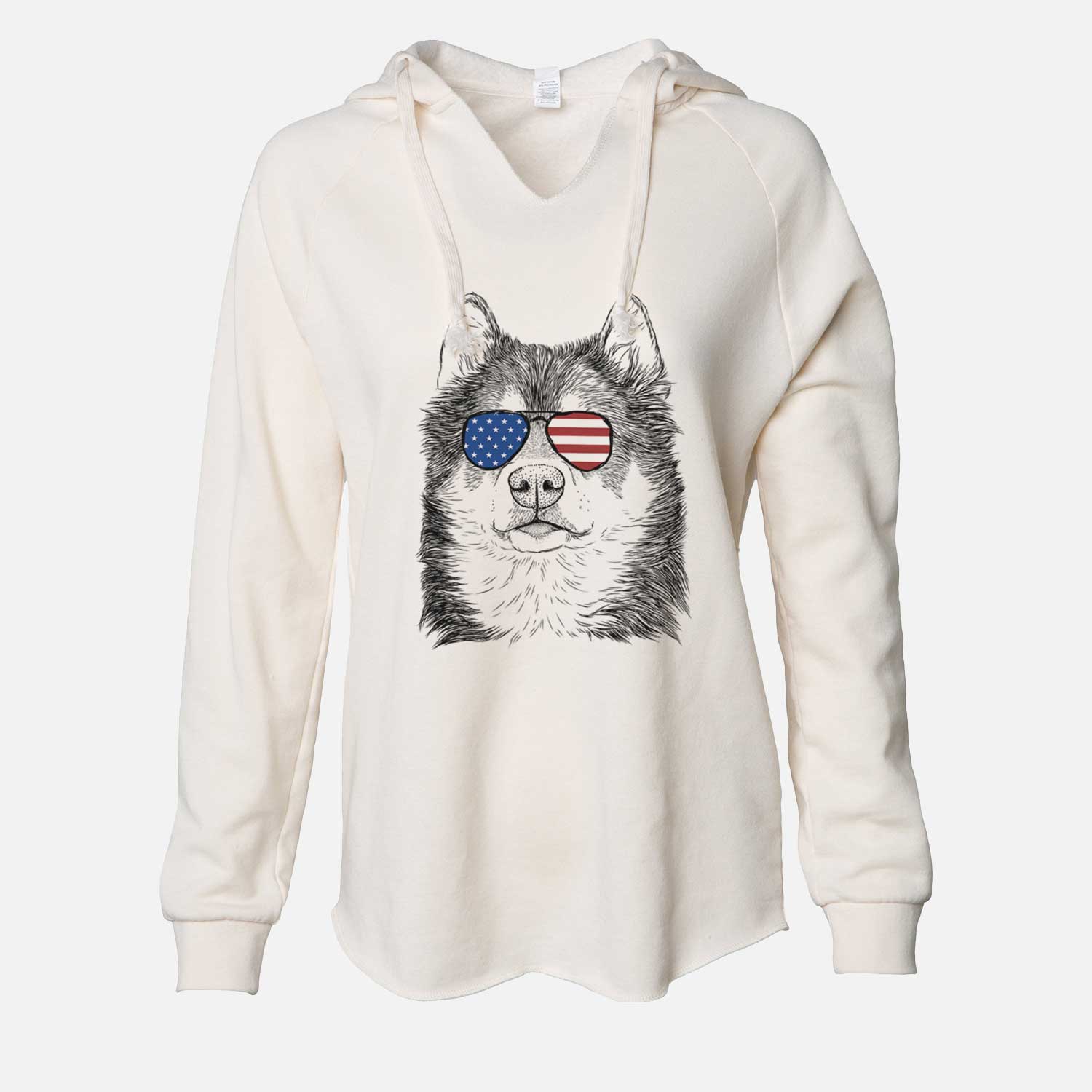 Hand-drawn sketch of Oskar the Canadian Eskimo Dog wearing American flag sunglasses on a Bone Cali Wave Hooded Sweatshirt