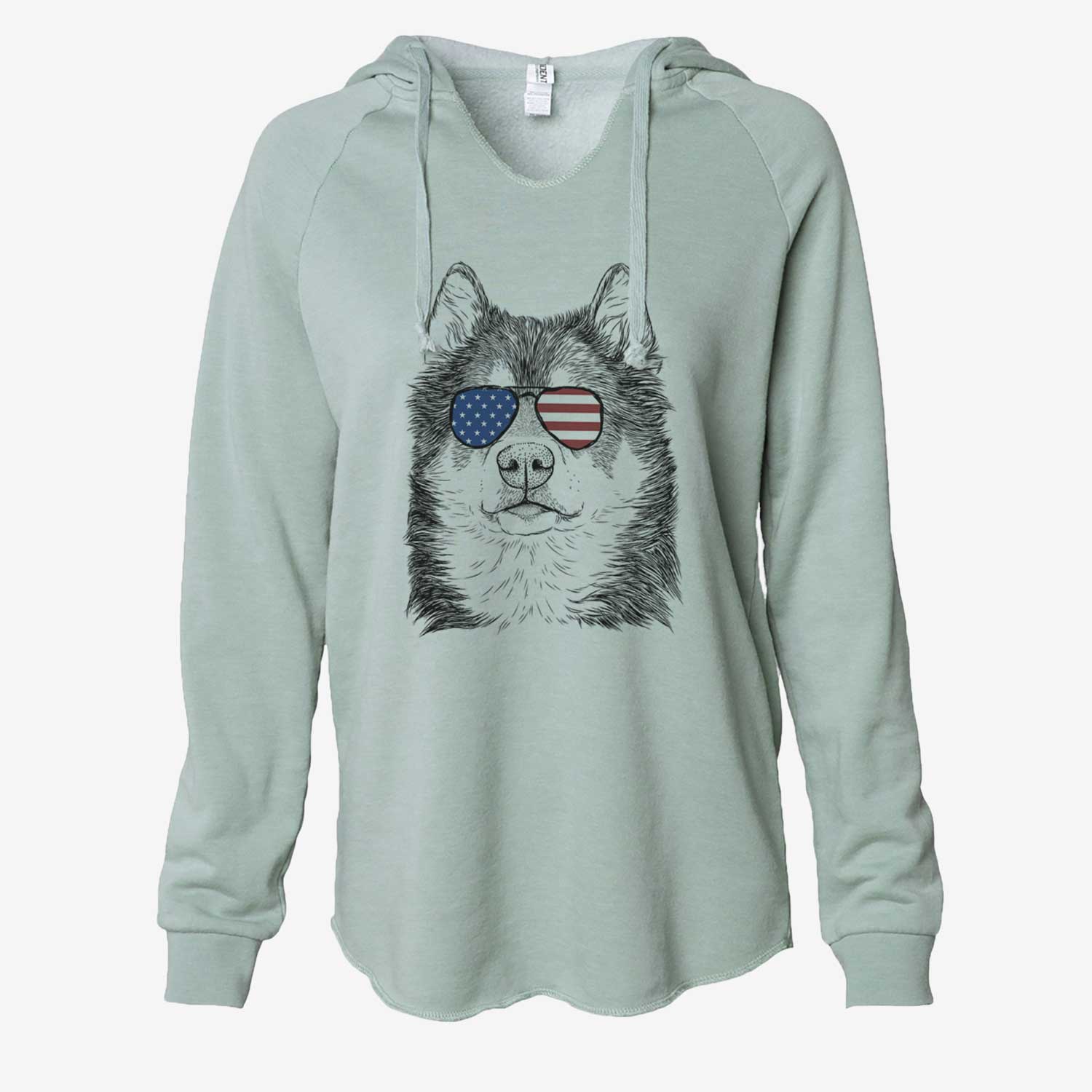 Hand-drawn sketch of Oskar the Canadian Eskimo Dog wearing American flag sunglasses on a Sage Cali Wave Hooded Sweatshirt